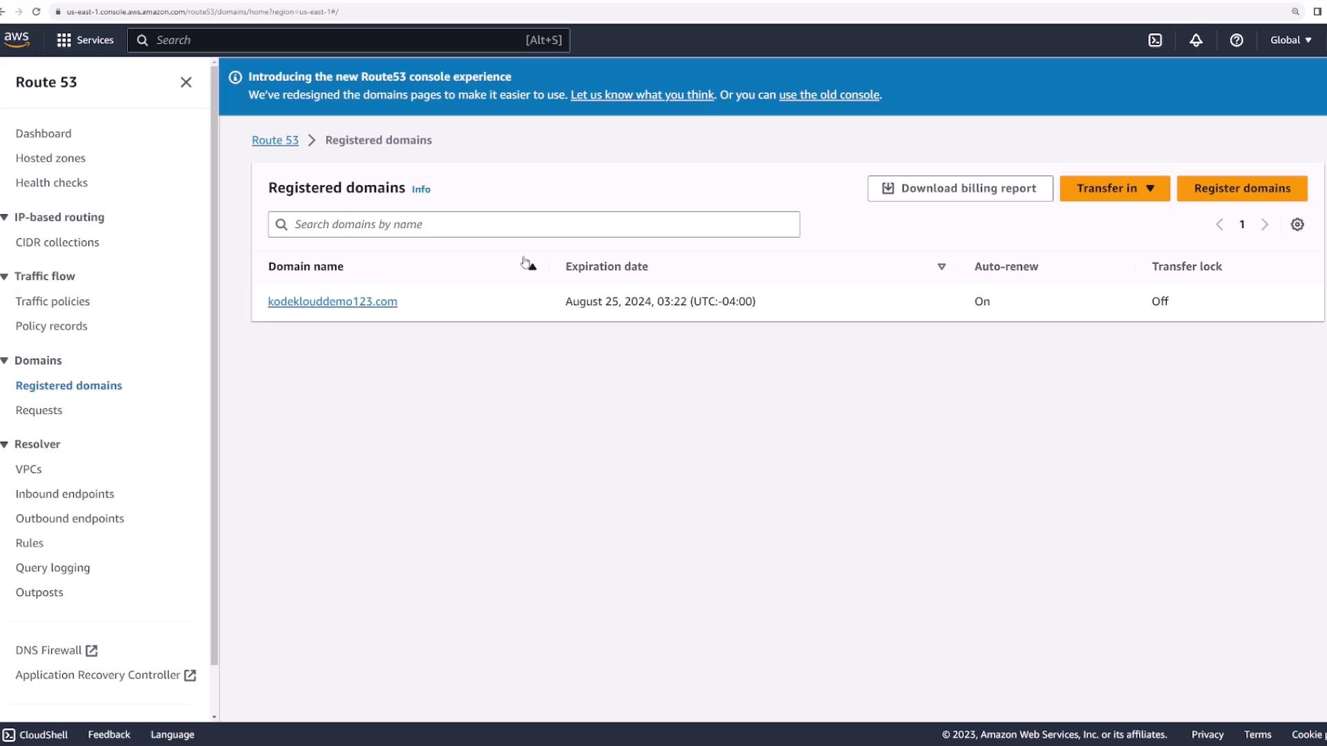 The image shows the AWS Route 53 console with a registered domain "kodeklouddemo123.com," including details like expiration date, auto-renew status, and transfer lock status.