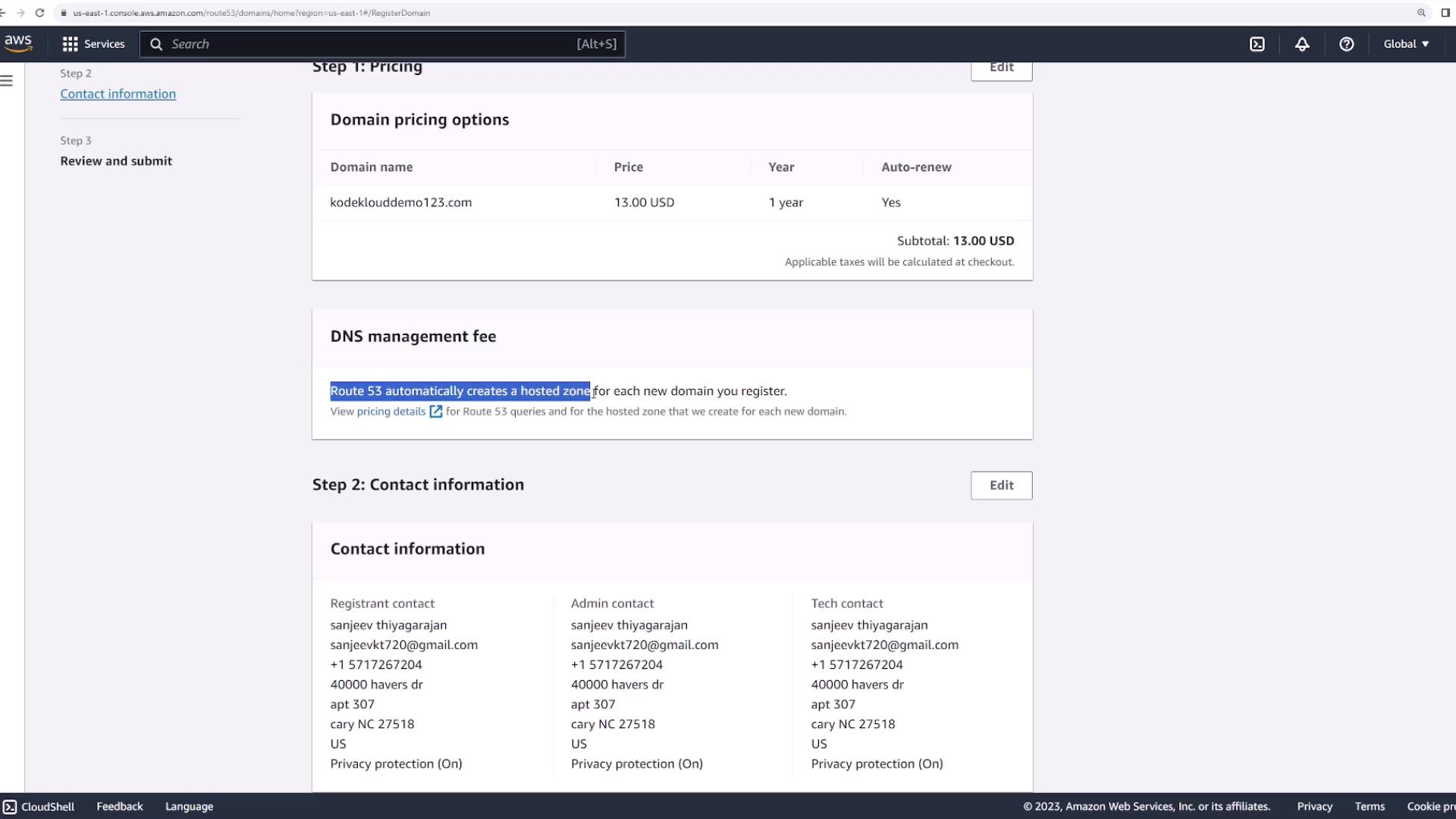 The image shows an AWS Route 53 domain registration page with pricing and contact information details. It includes a domain name, pricing options, DNS management fee, and contact information for registrant, admin, and tech contacts.