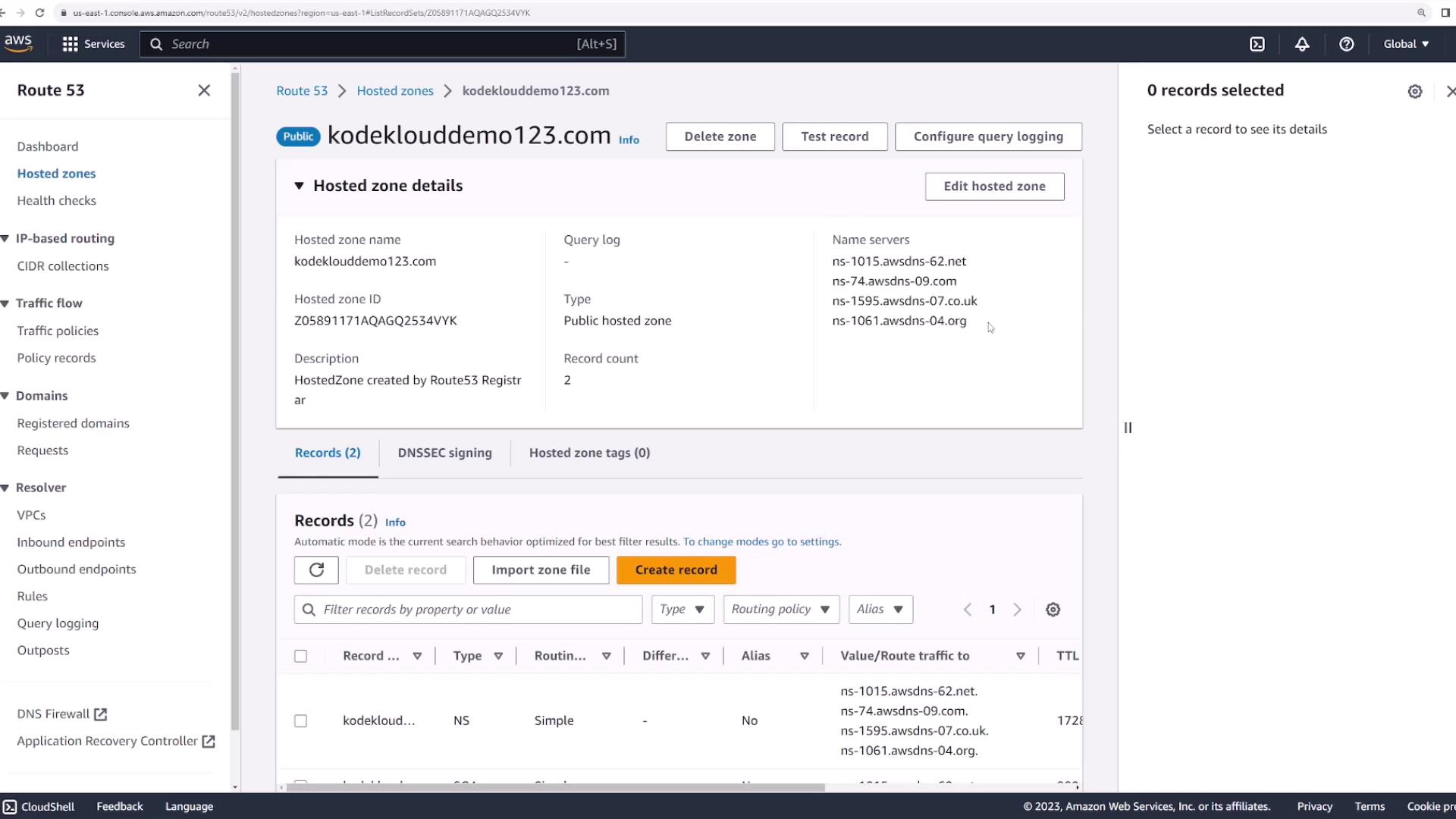 The image shows an AWS Route 53 dashboard displaying details of a hosted zone for the domain "kodeklouddemo123.com," including name servers and record information.