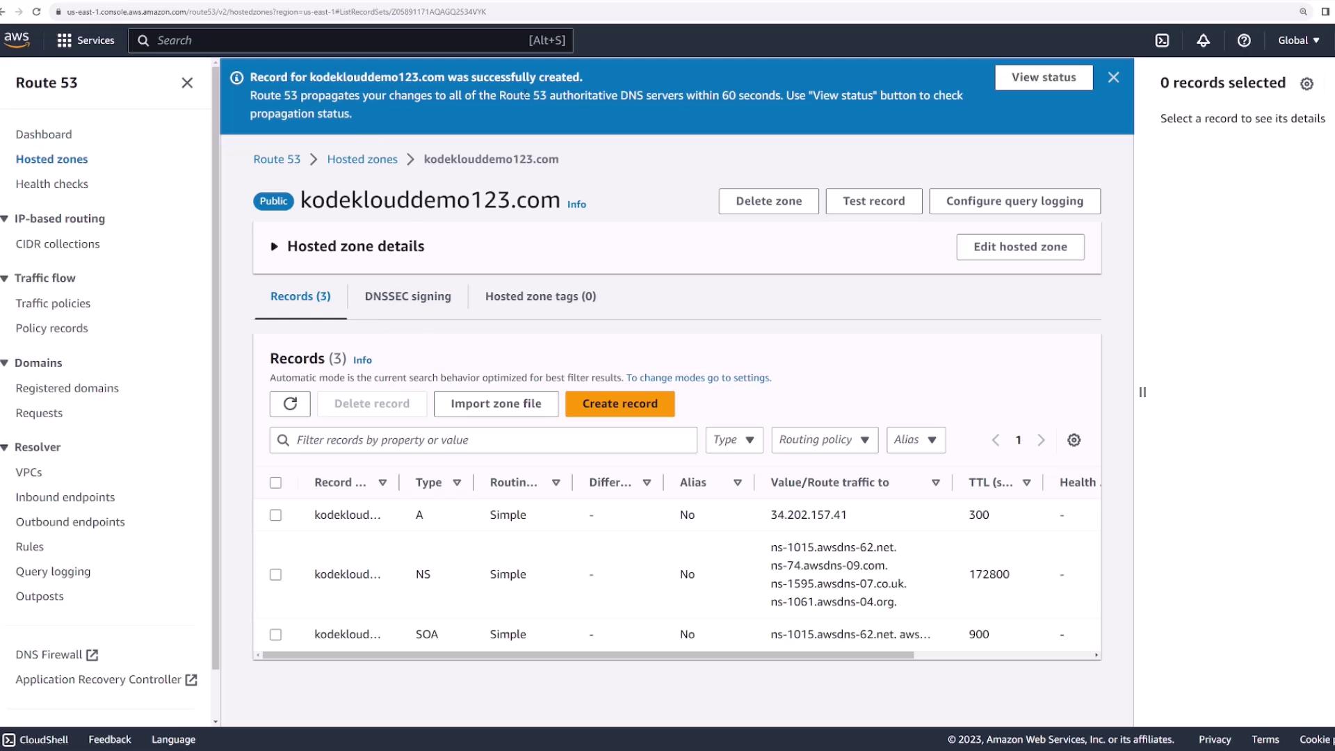 The image shows the AWS Route 53 console with details of a hosted zone for "kodeklouddemo123.com," including DNS records such as A, NS, and SOA types.