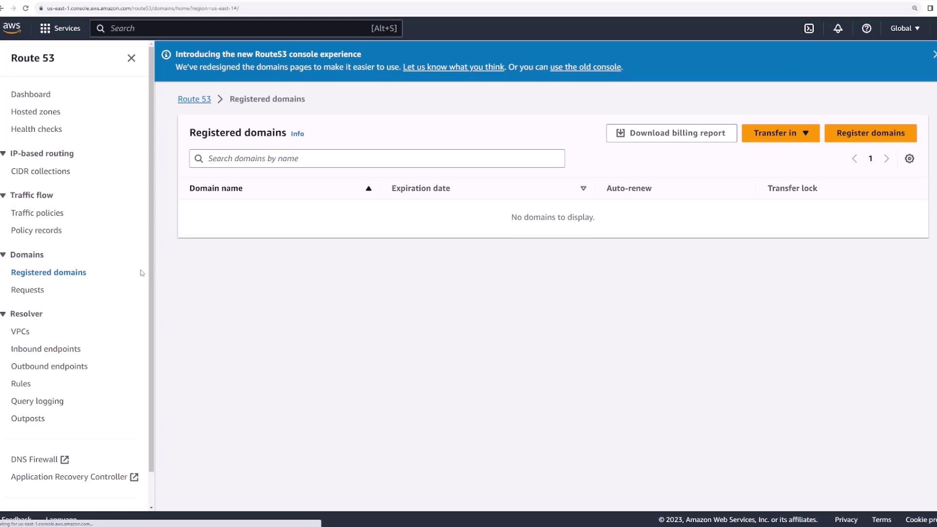 The image shows the AWS Route 53 console, specifically the "Registered domains" section, which currently displays no domains. The left sidebar includes navigation options like Dashboard, Hosted zones, and Health checks.