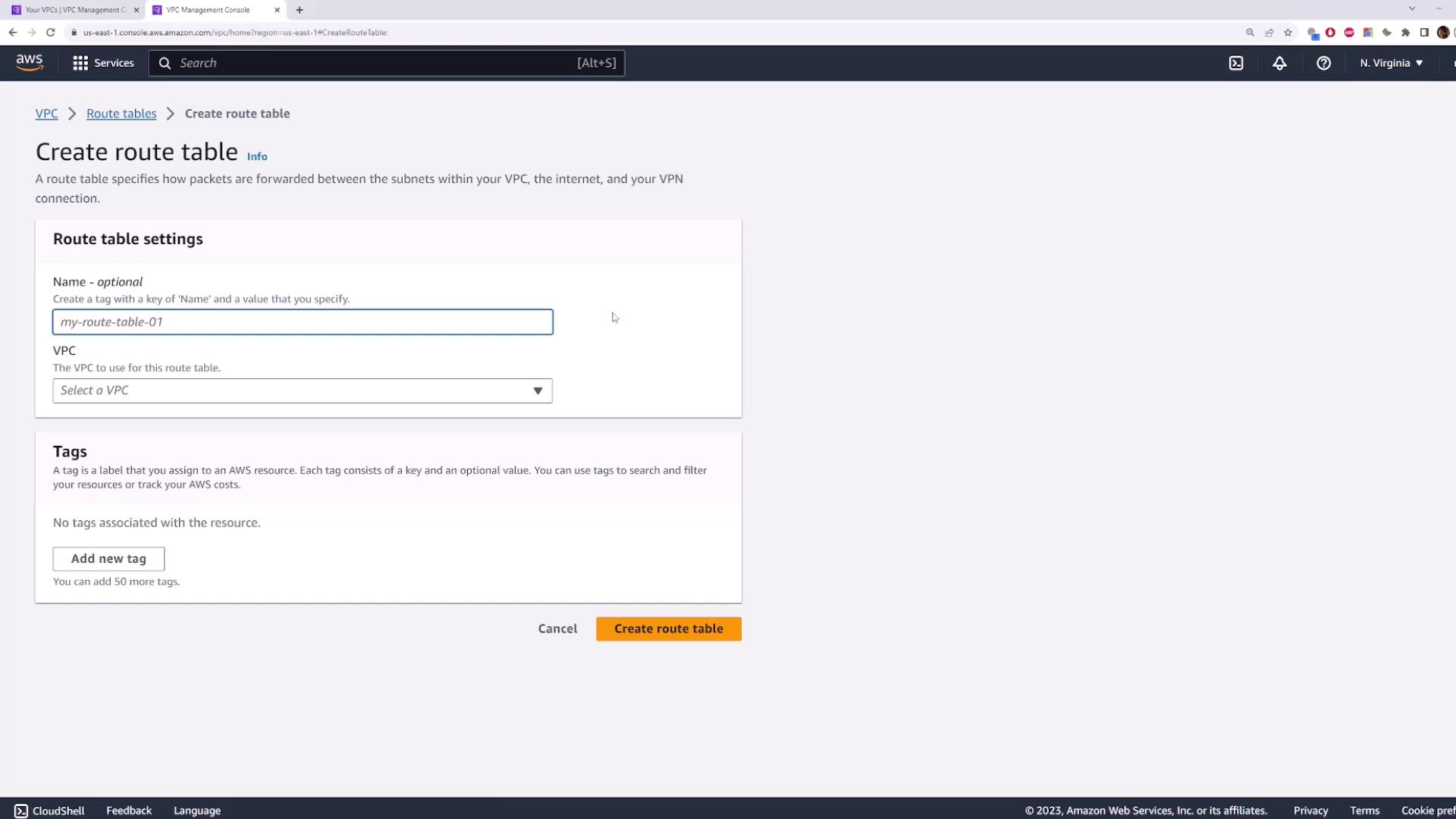 The image shows the AWS Management Console interface for creating a route table, with fields for naming the route table and selecting a VPC. There is also an option to add tags.