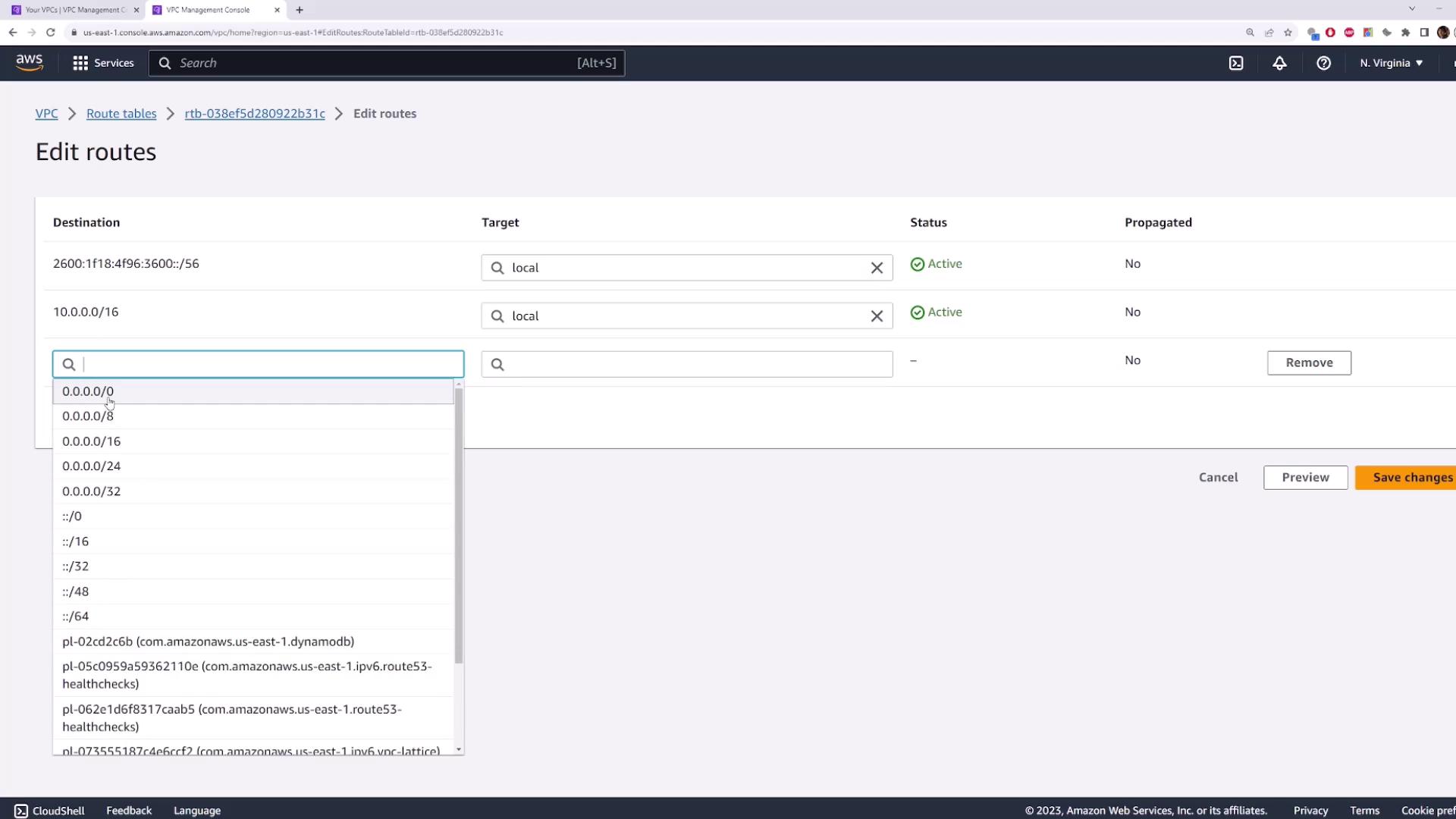 The image shows the AWS VPC Management Console with a route table being edited. It displays destinations, targets, and their statuses, with a dropdown menu for selecting routes.