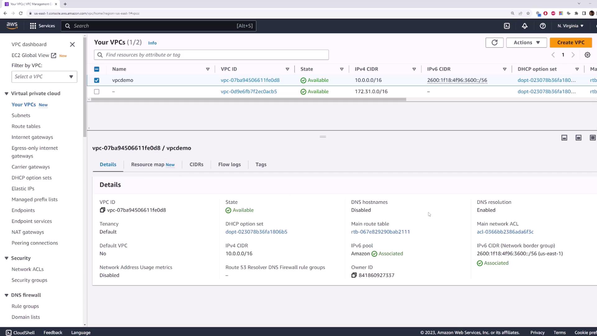 The image shows an AWS VPC management console with details of a VPC named "vpcdemo," including its ID, state, and CIDR information. The console displays various options and settings related to virtual private clouds.