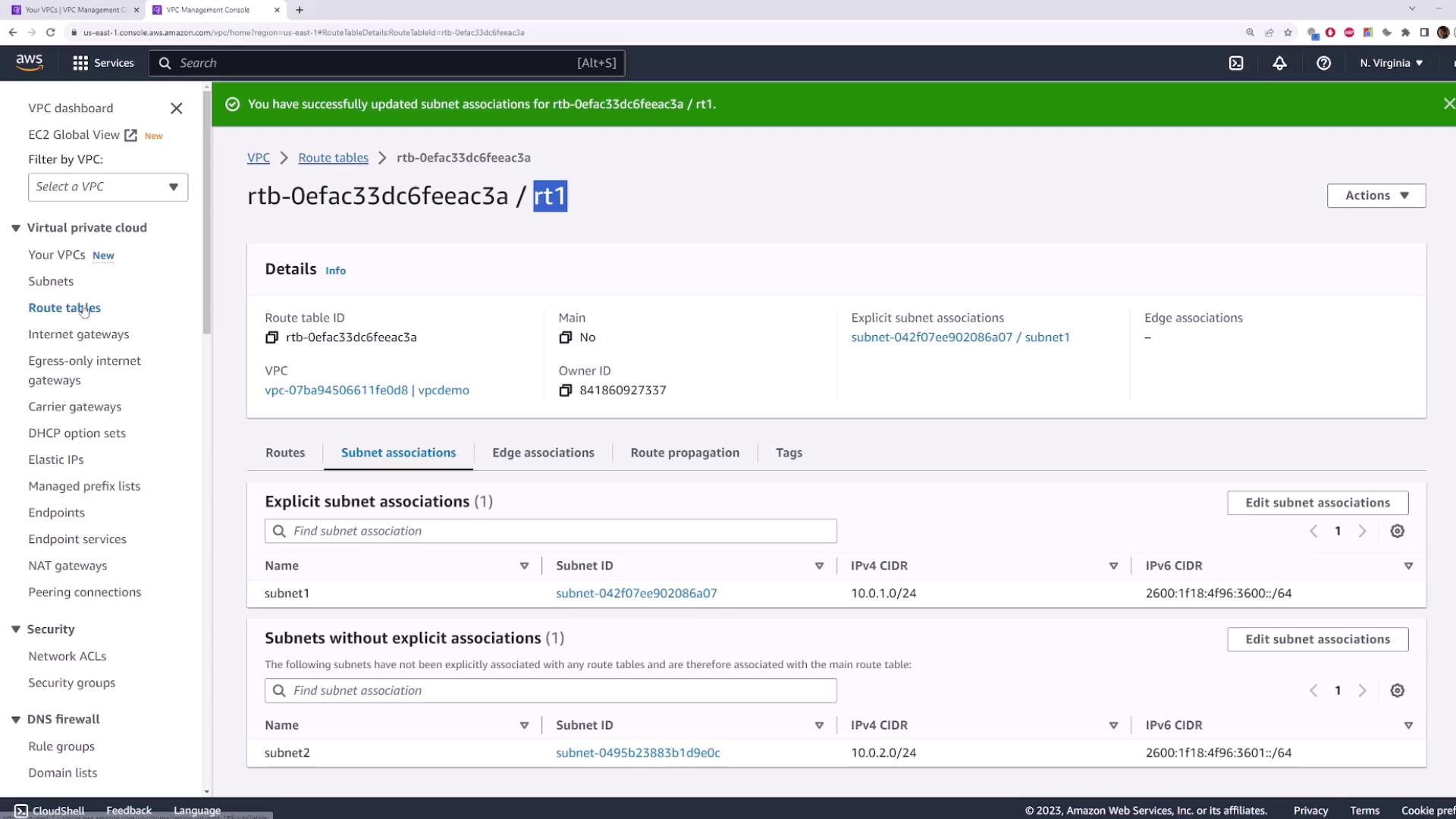 The image shows an AWS VPC Management Console screen displaying details of a route table, including subnet associations and related information. The interface includes options for editing subnet associations and viewing various network components.