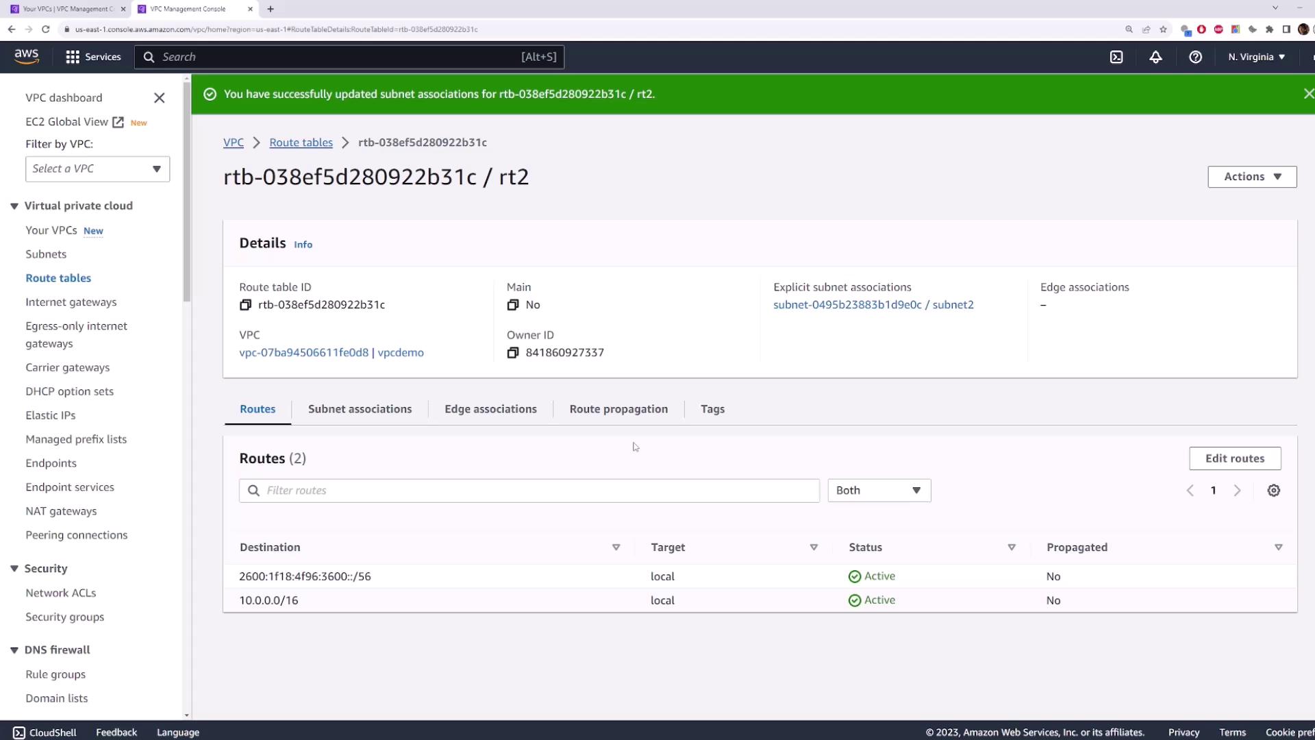 The image shows an AWS VPC Management Console screen displaying details of a route table, including its ID, associated subnets, and active routes.