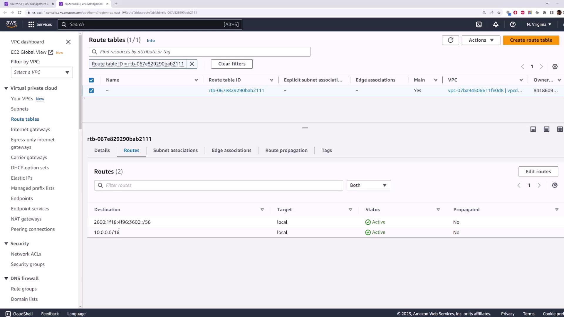 The image shows an AWS VPC management console displaying a route table with two active routes. The routes are listed with their destinations, targets, and statuses.
