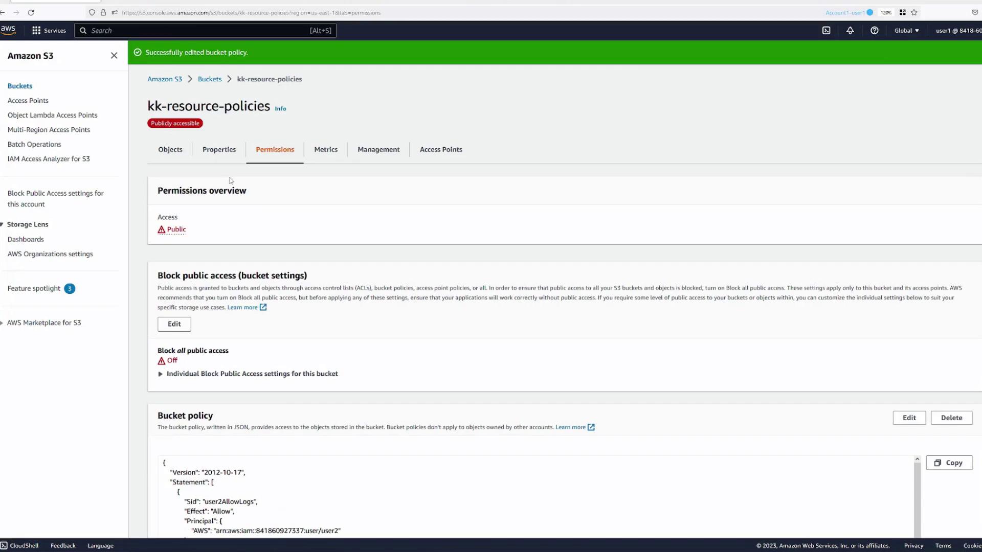 The image shows an Amazon S3 bucket permissions page with public access settings and a JSON bucket policy. The bucket is publicly accessible, and the block public access setting is off.