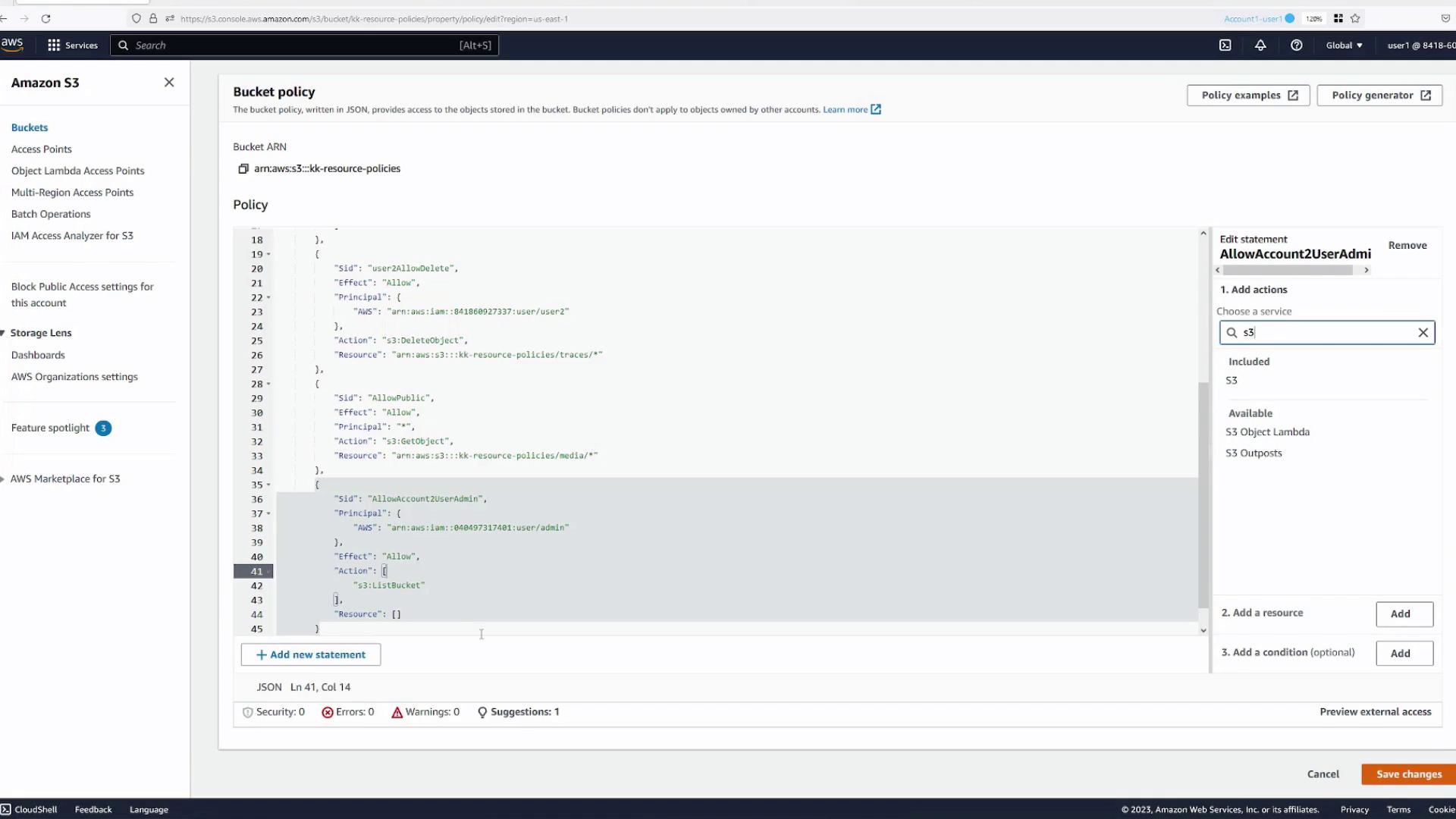 The image shows an Amazon S3 console with a bucket policy editor open, displaying JSON code for setting access permissions. The interface includes options for adding actions, resources, and conditions to the policy.