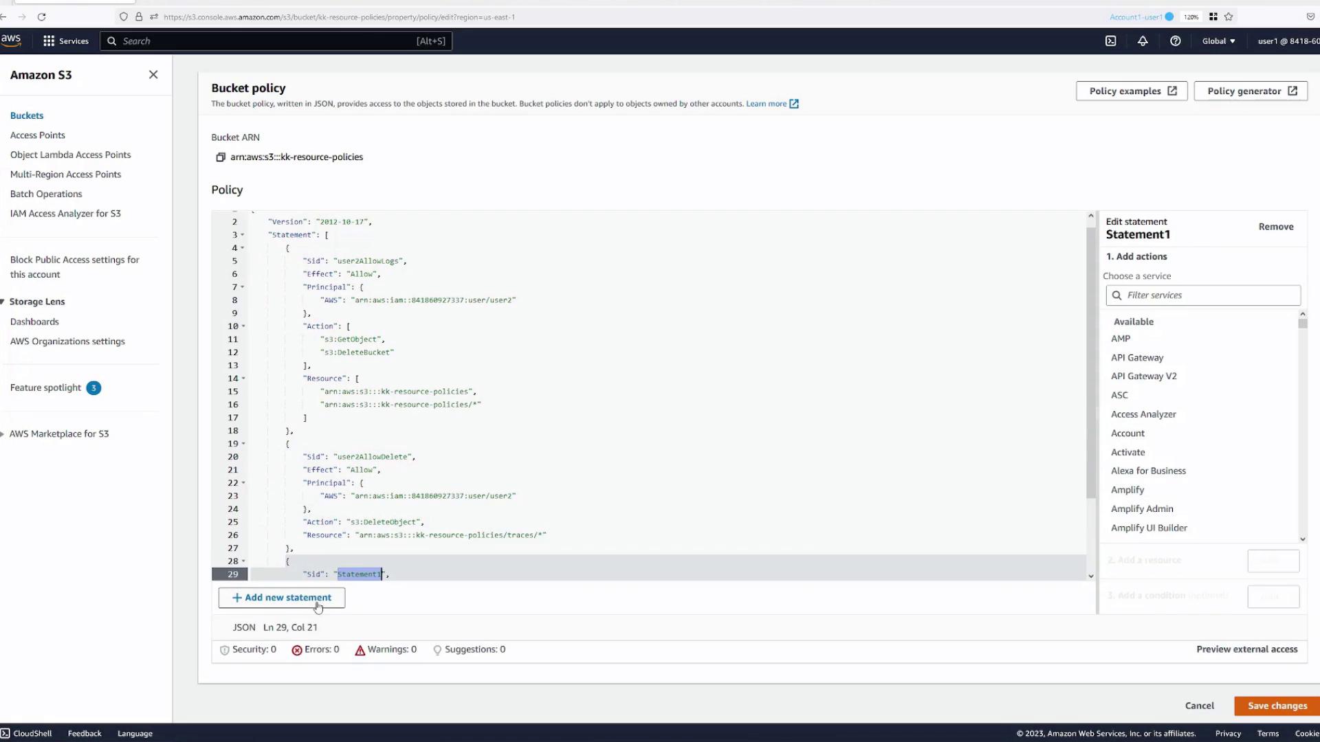 The image shows an Amazon S3 console with a bucket policy editor open, displaying JSON code for setting permissions. The interface includes options to add actions and resources, with a sidebar for navigating AWS services.