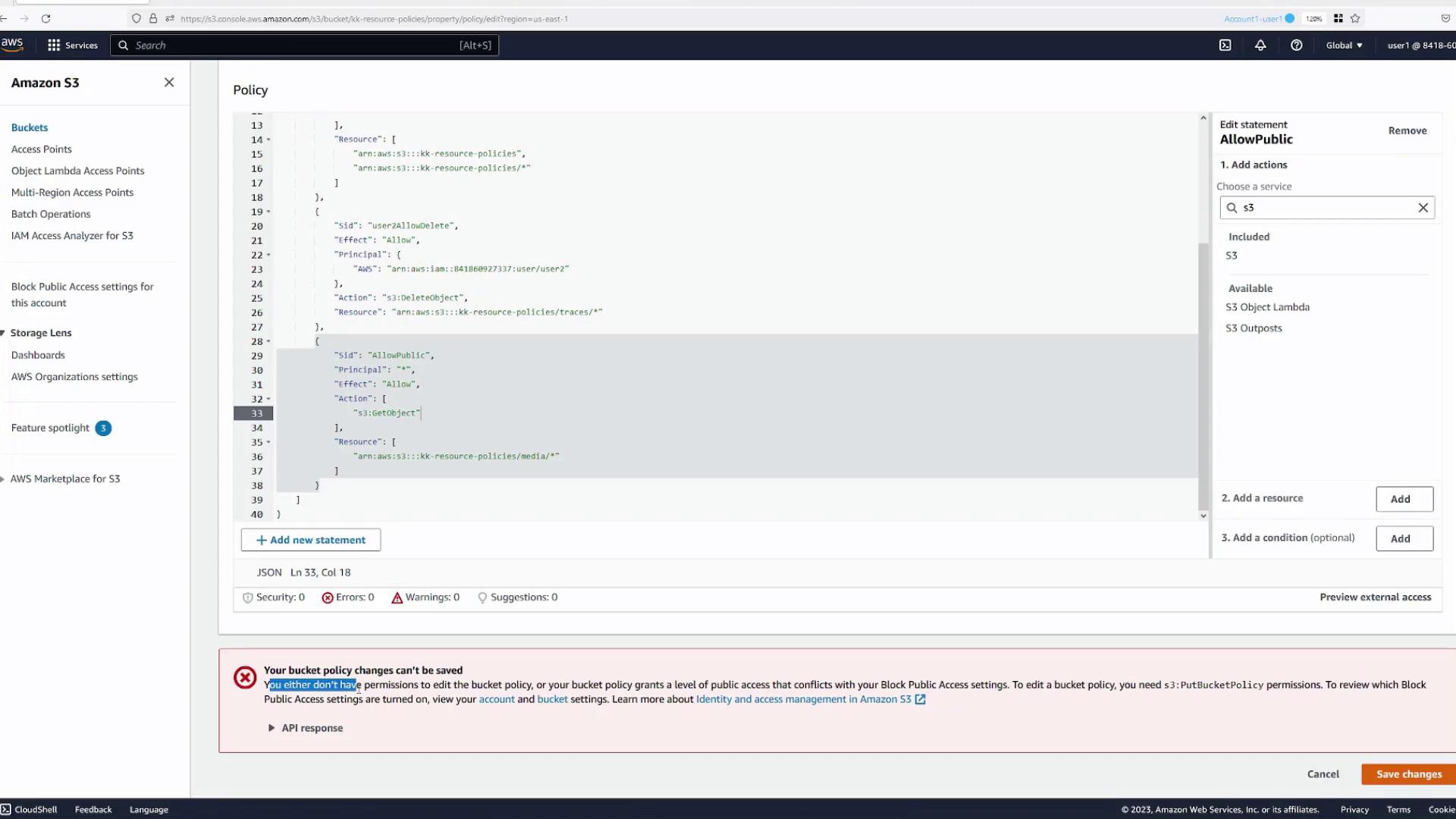 The image shows an Amazon S3 console with a JSON policy editor open, displaying a bucket policy. There's an error message indicating that the bucket policy changes can't be saved due to permission issues or public access settings.