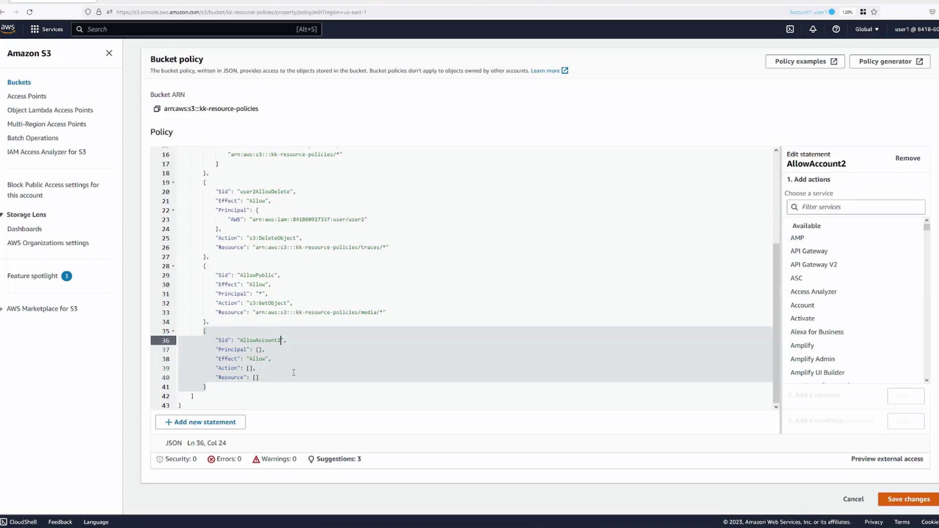 The image shows an Amazon S3 bucket policy configuration screen with JSON code for setting permissions. The interface includes options for editing statements and selecting services.