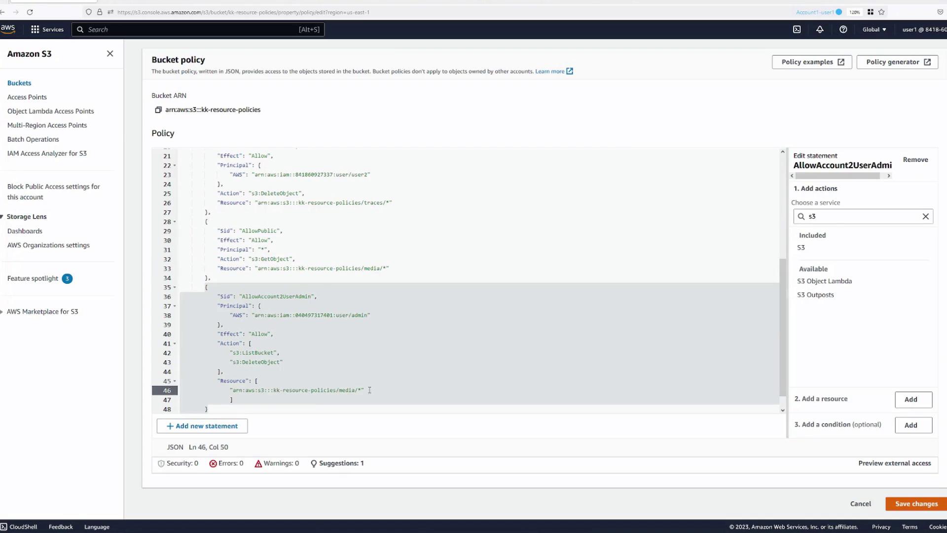 The image shows an Amazon S3 bucket policy configuration screen, displaying JSON code for setting access permissions. The interface includes options to add actions, resources, and conditions.