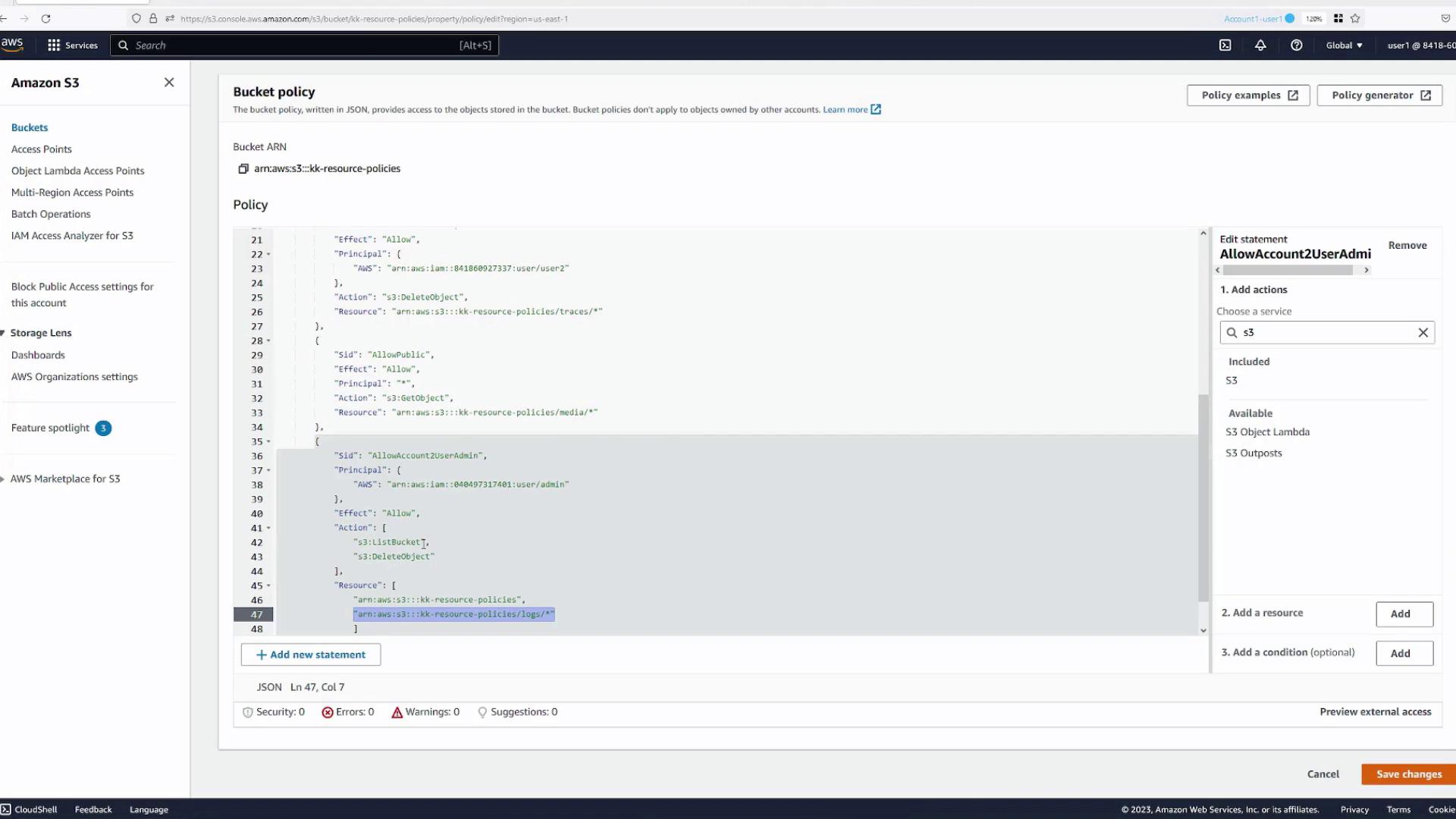 The image shows an Amazon S3 bucket policy configuration screen, displaying JSON code for setting access permissions. The interface includes options for editing statements and adding actions, resources, and conditions.