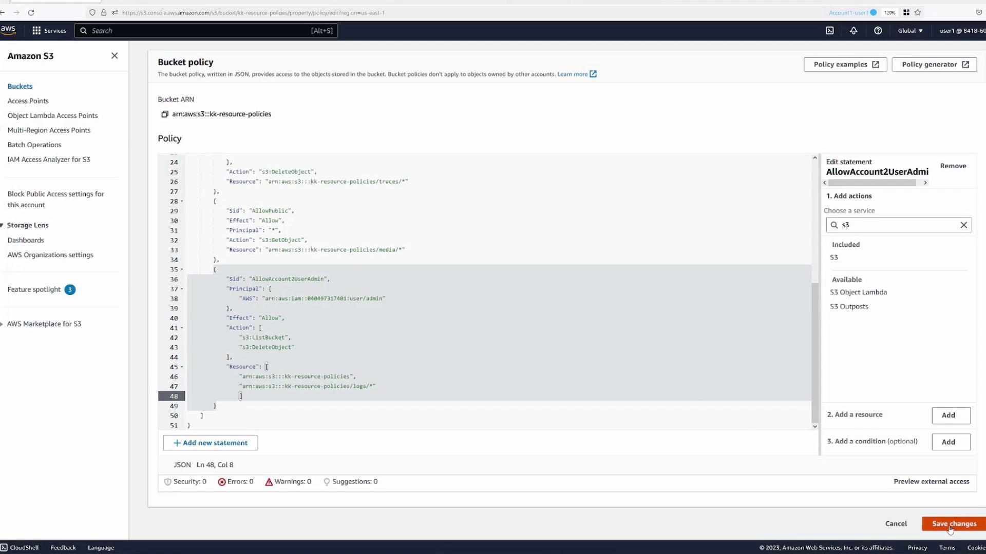 The image shows an Amazon S3 console screen displaying a bucket policy in JSON format, with options to edit statements and save changes. The policy includes permissions for actions like "s3:DeleteObject" and "s3:ListBucket" for specific resources.