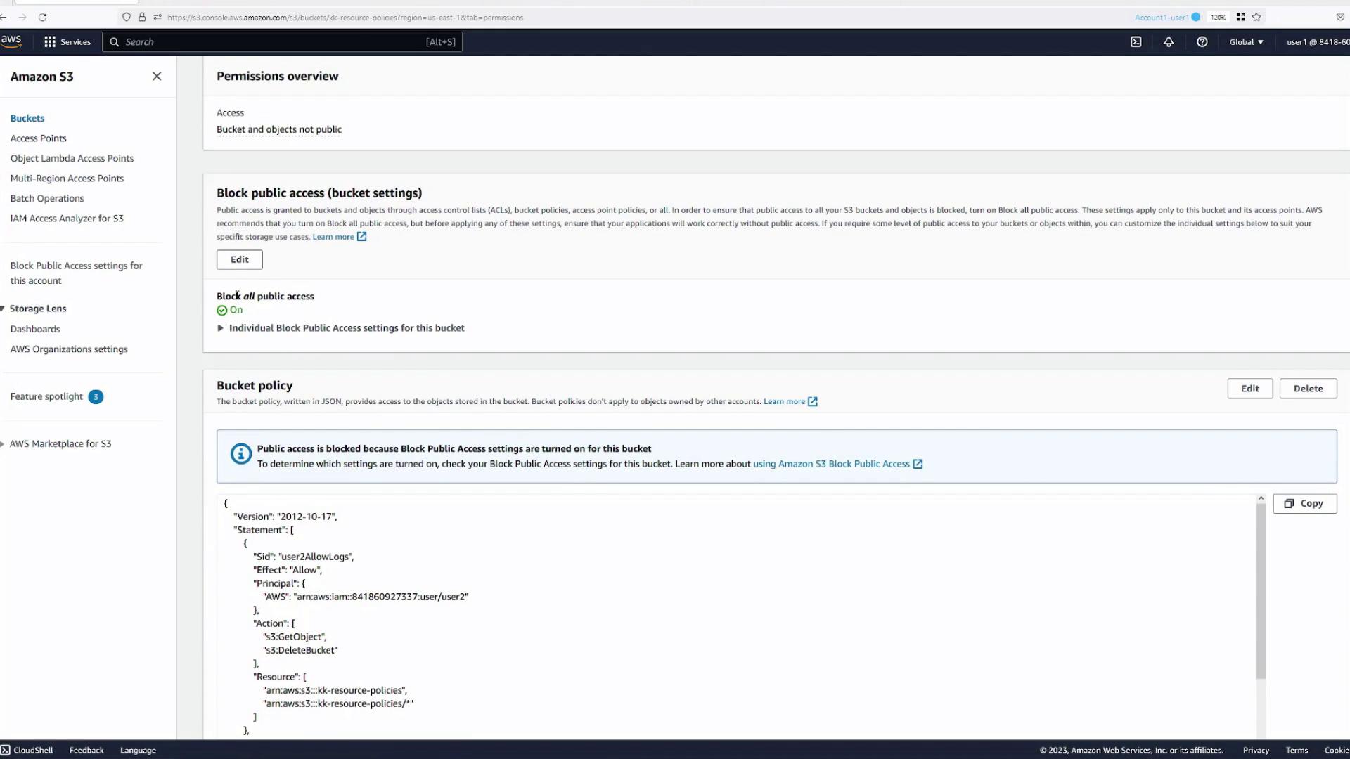 The image shows an Amazon S3 console screen with settings for blocking public access to a bucket, including a JSON bucket policy.