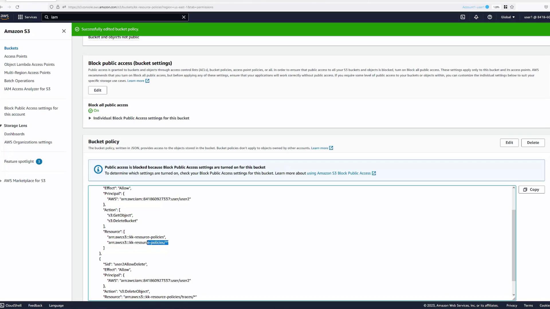 The image shows an Amazon S3 console screen with settings for blocking public access to a bucket, including a JSON bucket policy configuration.