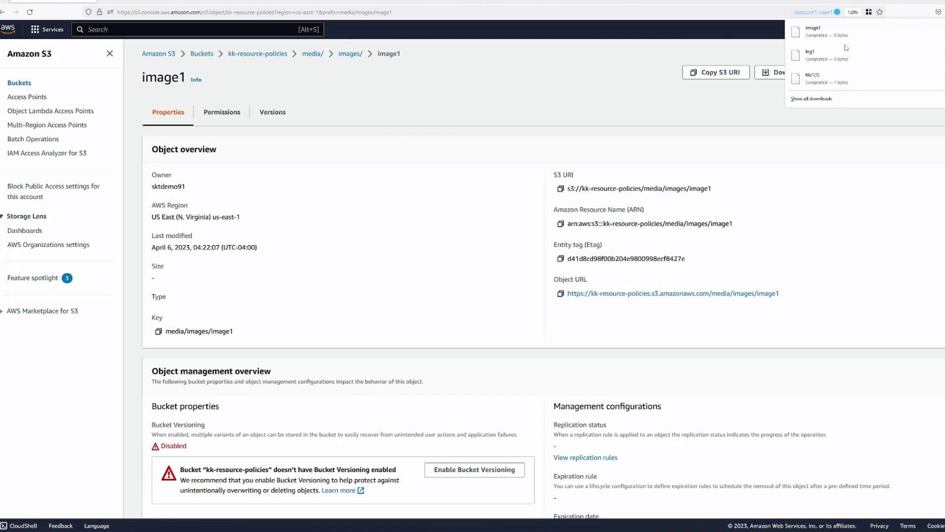 The image shows an Amazon S3 console interface displaying details of an object named "image1" within a bucket, including properties like owner, region, and object URL.