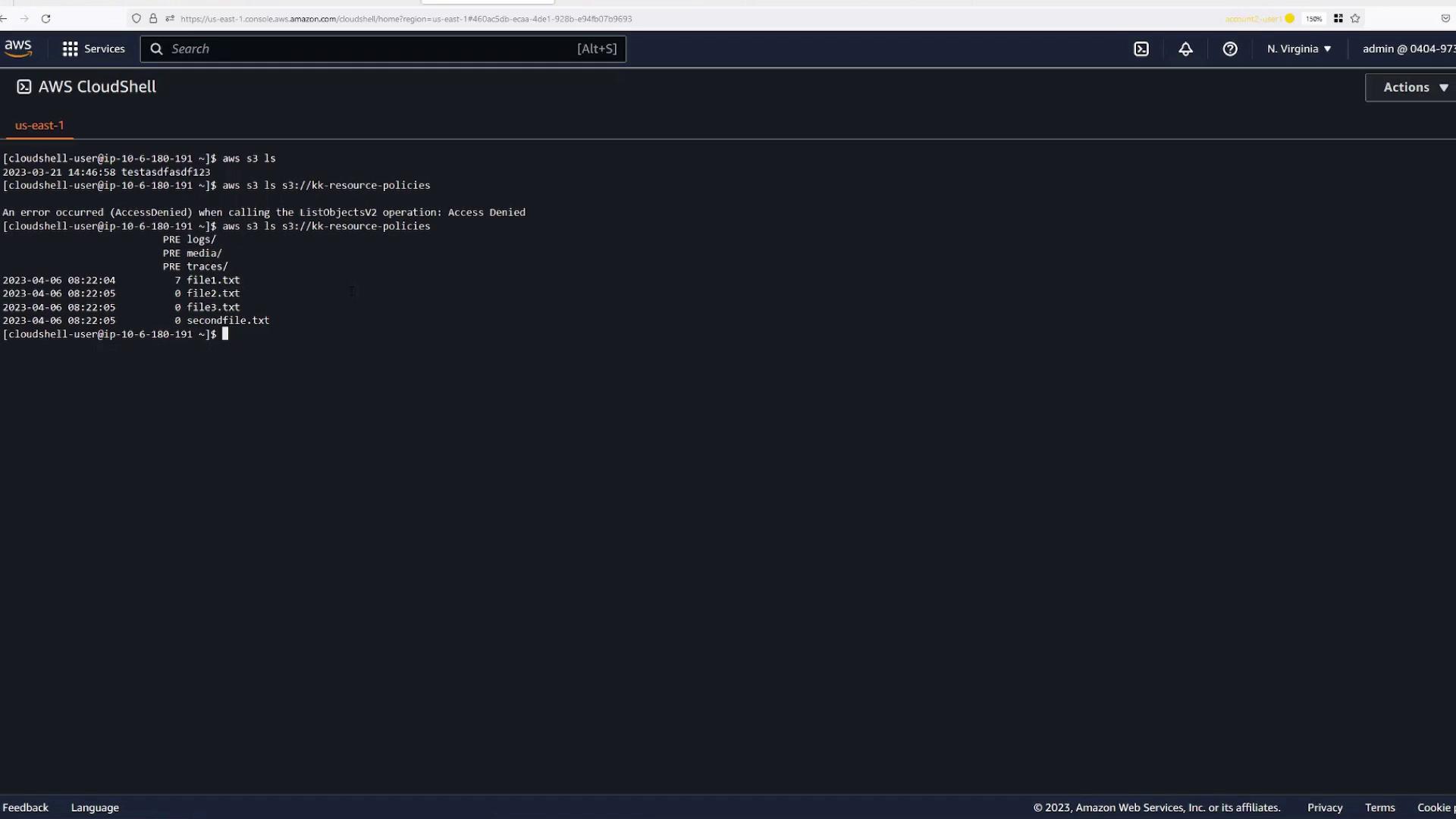 The image shows an AWS CloudShell interface with a command line session where an attempt to list S3 bucket contents results in an "Access Denied" error, followed by a successful listing of files in a different directory.