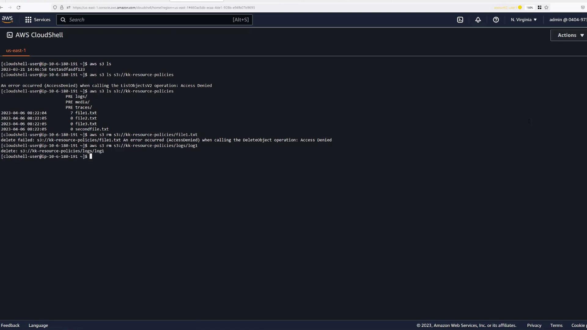 The image shows an AWS CloudShell interface where a user is attempting to list and delete files in an S3 bucket, encountering "Access Denied" errors for some operations.