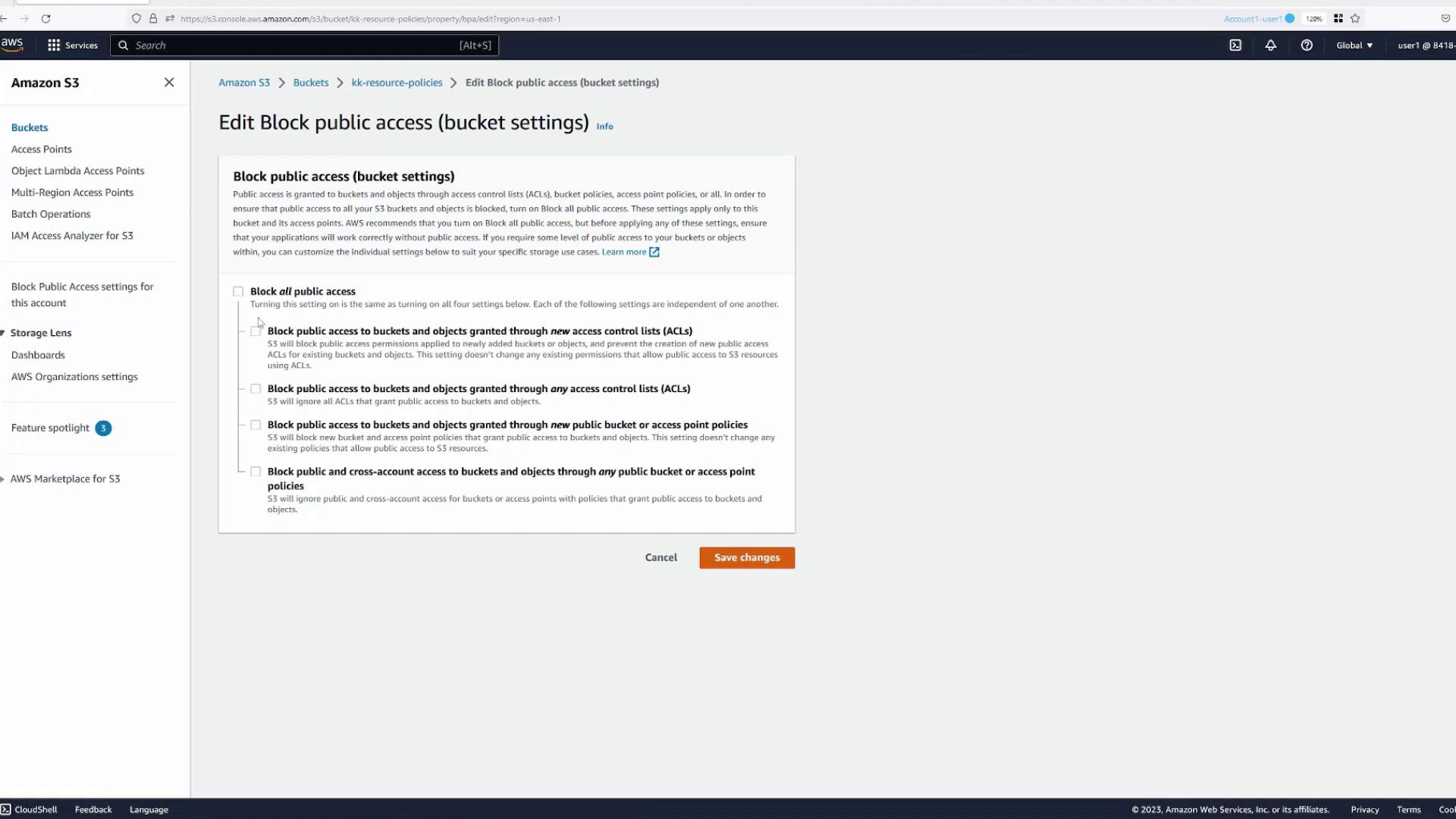 The image shows the "Edit Block public access (bucket settings)" page in Amazon S3, where users can configure settings to block public access to buckets and objects. Options include blocking access through ACLs and public bucket policies.