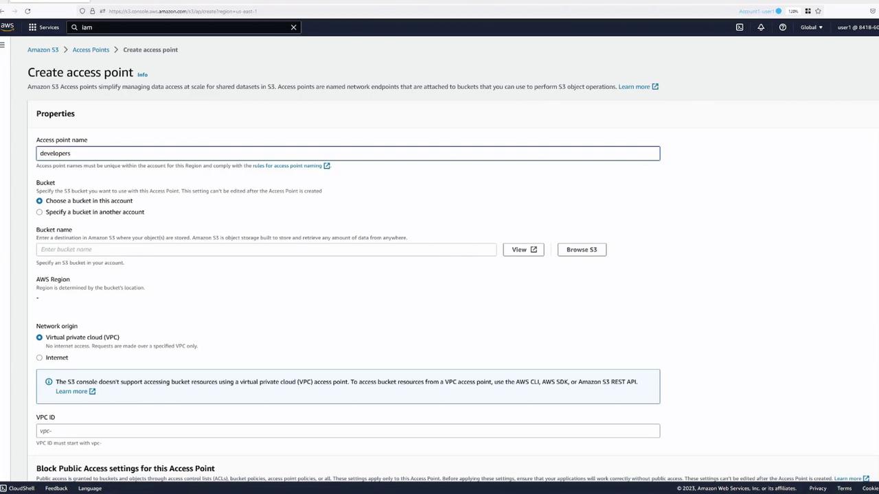 The image shows a web interface for creating an access point in Amazon S3, with fields for access point name, bucket selection, AWS region, and network origin settings.