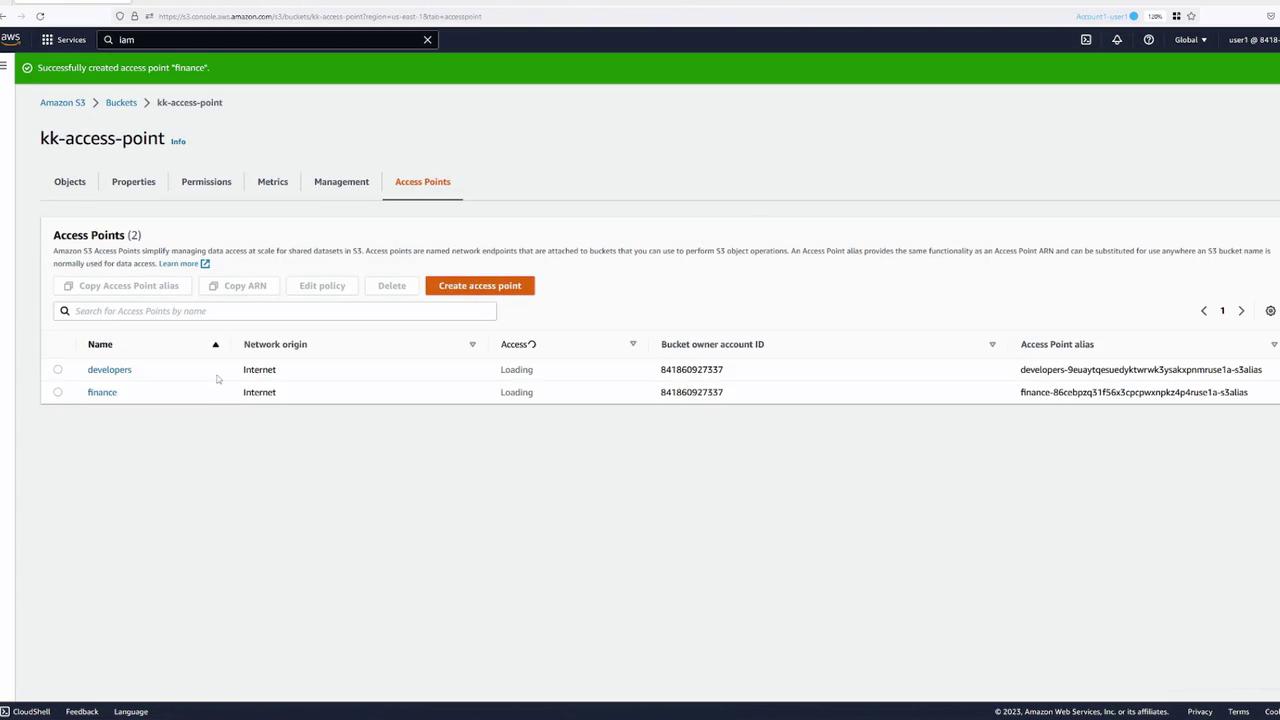 The image shows an Amazon S3 console interface displaying access points for a bucket named "kk-access-point," with two access points listed: "developers" and "finance."