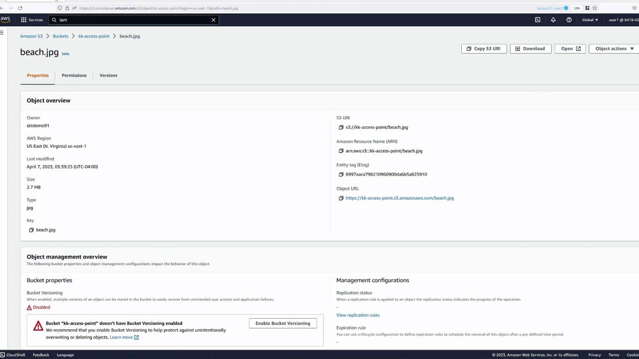 The image shows an Amazon S3 console interface displaying details of an object named "beach.jpg," including its size, type, and S3 URI.