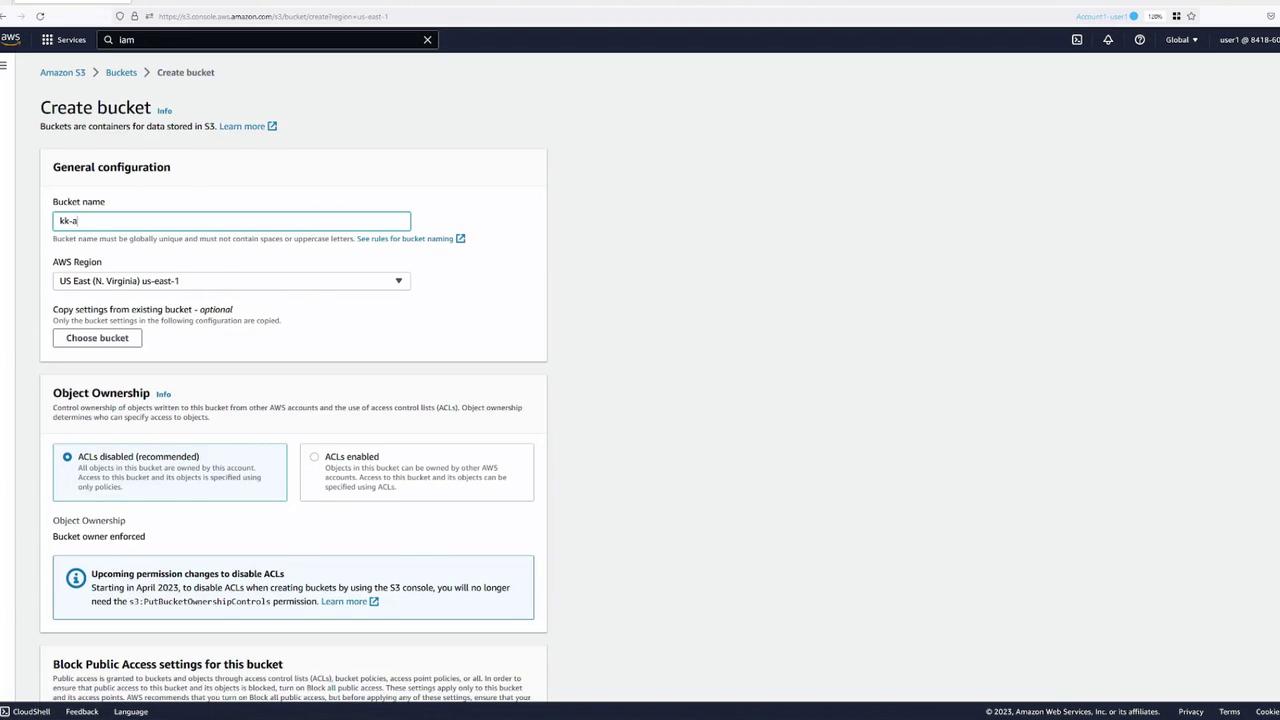 The image shows the Amazon S3 console interface for creating a new bucket, with fields for bucket name, AWS region, and object ownership settings.