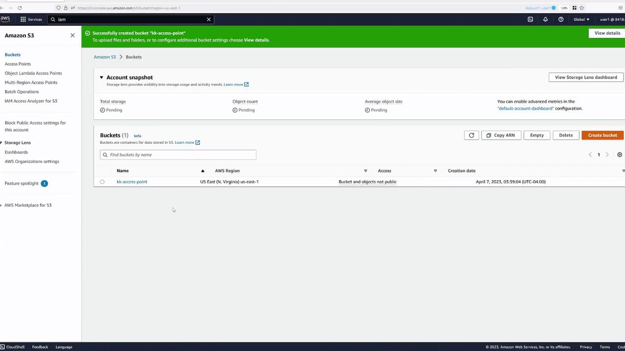 The image shows an Amazon S3 console interface with a bucket named "kk-access-point" in the US East (N. Virginia) region. The bucket and its objects are not public, and the interface includes options to manage the bucket.