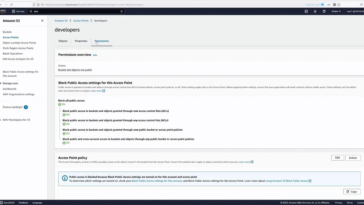 The image shows an Amazon S3 console screen focused on the "Permissions" tab for an access point named "developers." It displays settings for blocking public access and the access point policy details.