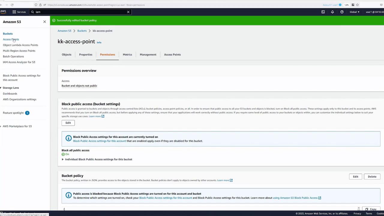 The image shows an Amazon S3 console screen with the "Permissions" tab open for a bucket named "kk-access-point." It displays settings related to blocking public access and bucket policies.
