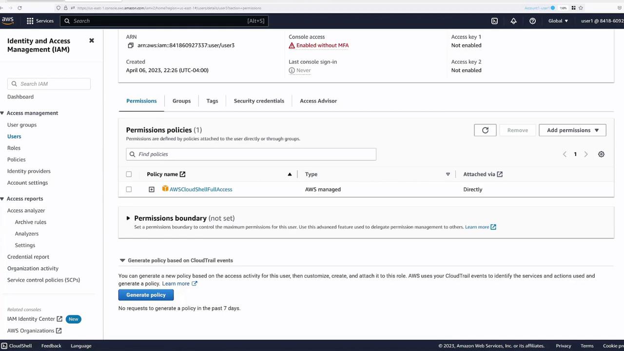 The image shows an AWS Identity and Access Management (IAM) console screen, displaying user details and permissions, including a policy named "AWSCloudShellFullAccess." The console access is enabled without MFA, and no permissions boundary is set.