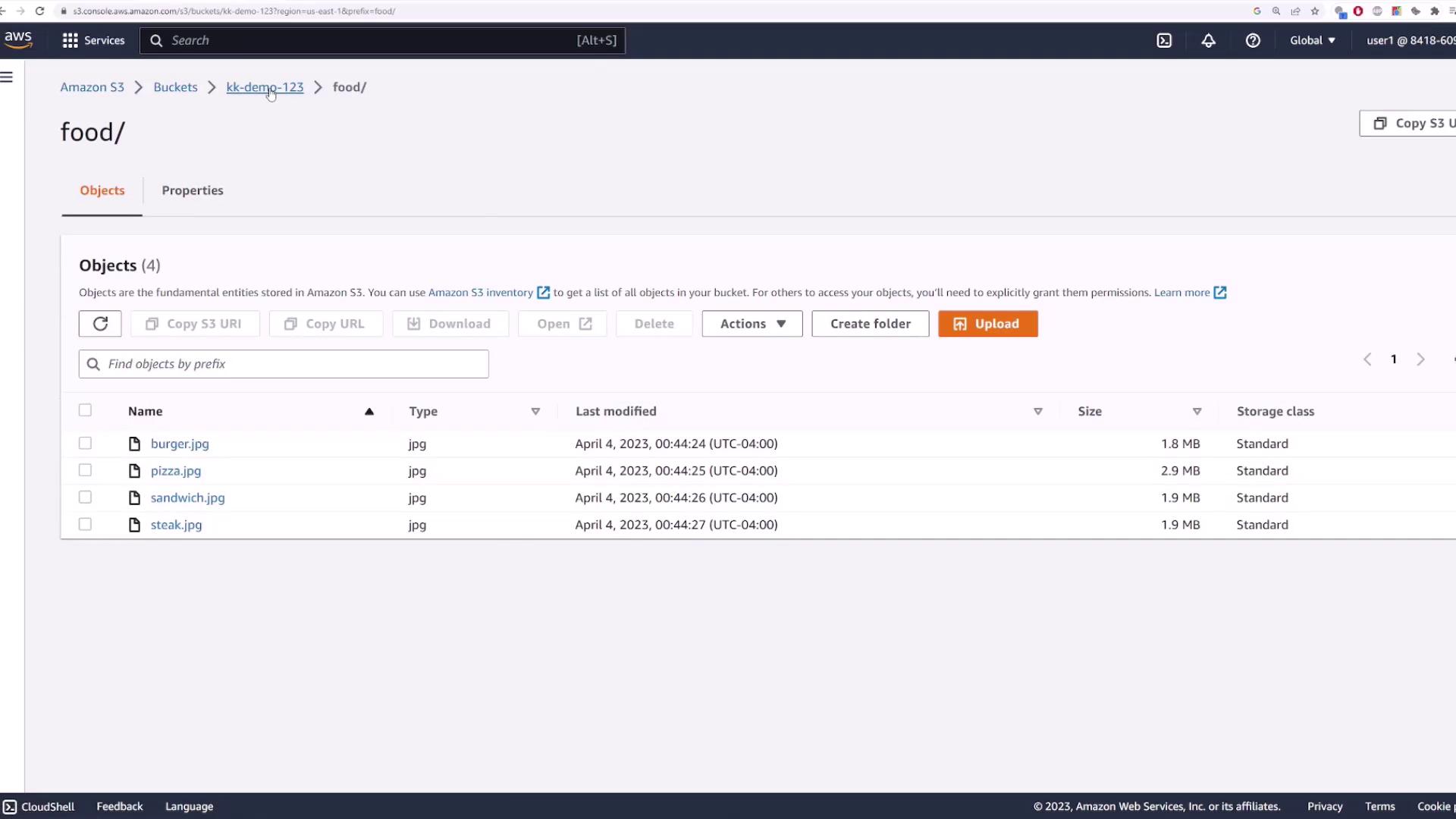 The image shows an Amazon S3 console with a bucket named "kk-demo-123" containing four image files: burger.jpg, pizza.jpg, sandwich.jpg, and steak.jpg.