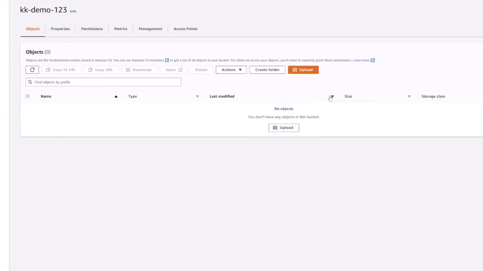 The image shows an Amazon S3 bucket interface named "kk-demo-123" with no objects uploaded. The interface includes options to upload files, create folders, and manage settings.
