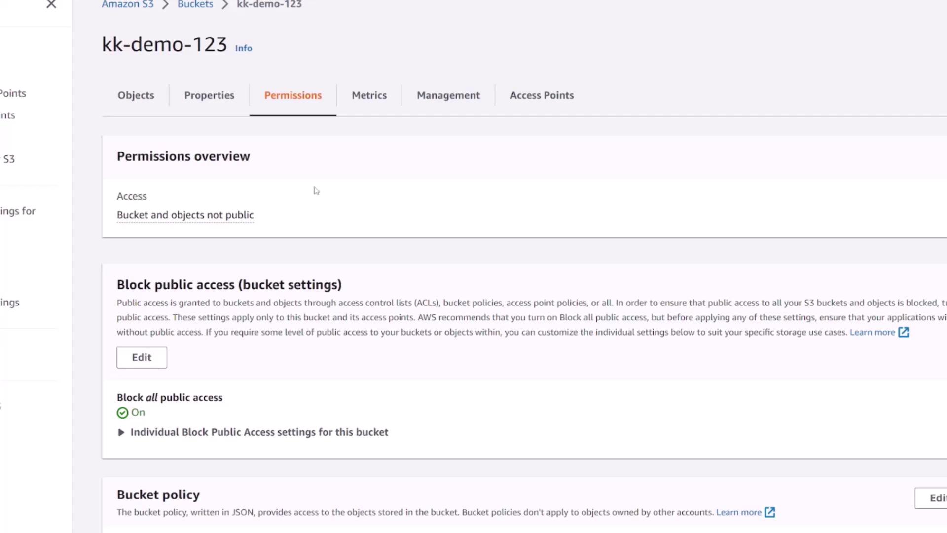 The image shows an Amazon S3 bucket permissions settings page, indicating that the bucket and objects are not public, with public access blocked.