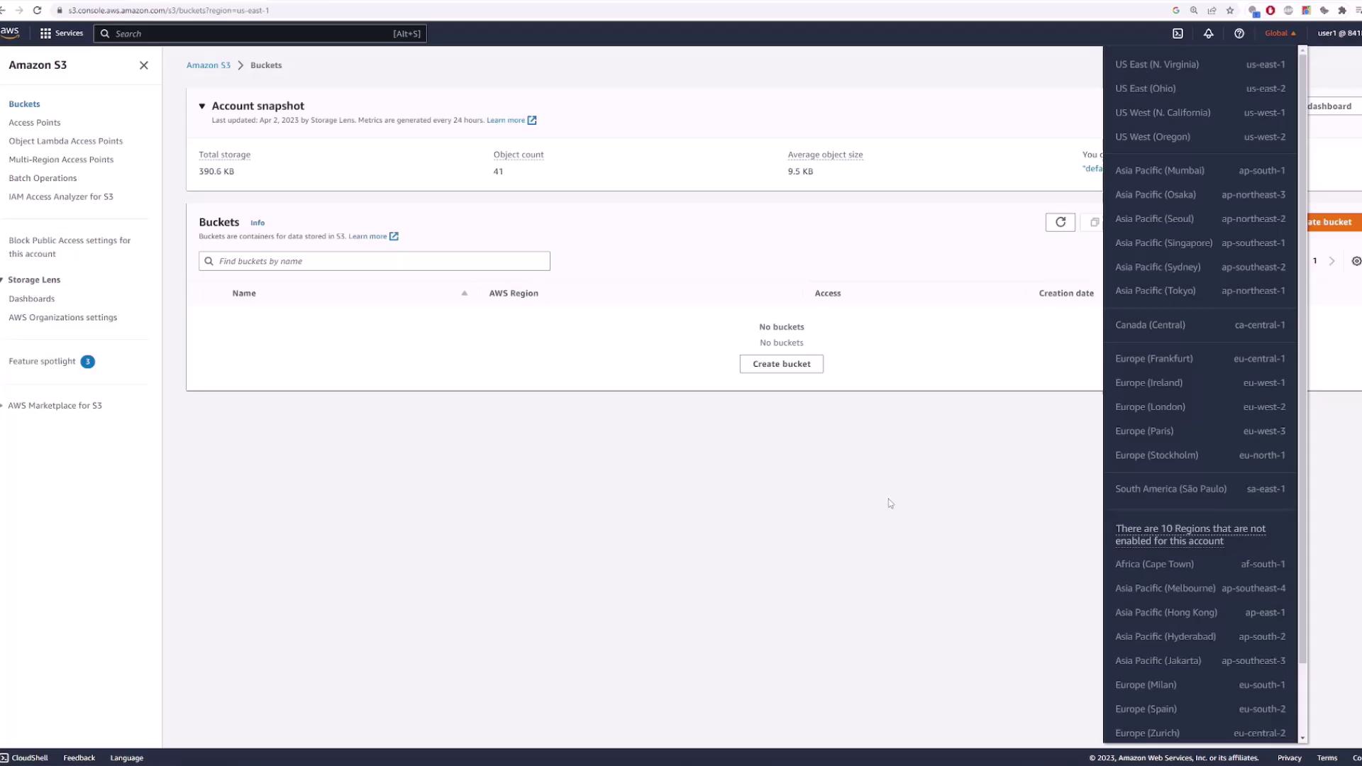 The image shows an Amazon S3 console interface with an account snapshot and a list of AWS regions. There are no buckets created, and a "Create bucket" button is visible.