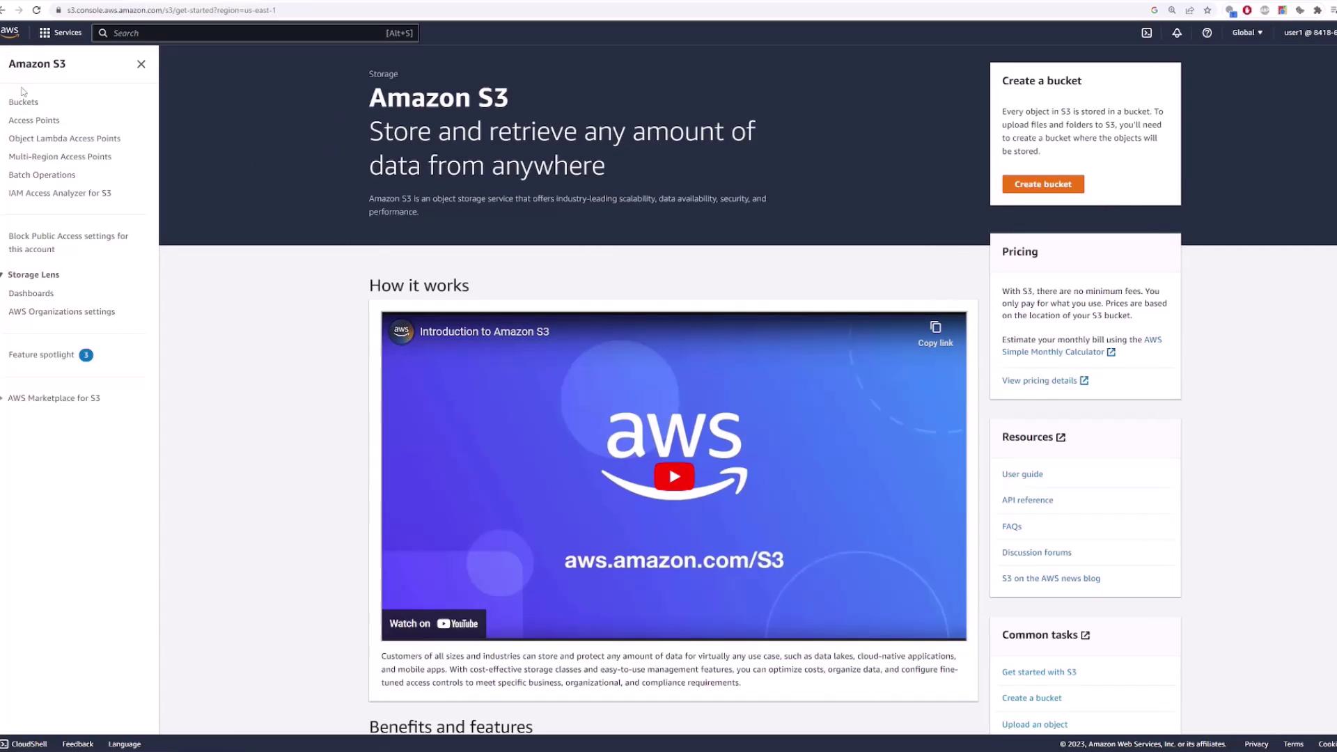 The image shows the Amazon S3 console interface, highlighting features like creating a bucket, pricing, and resources, with a video introduction to Amazon S3.