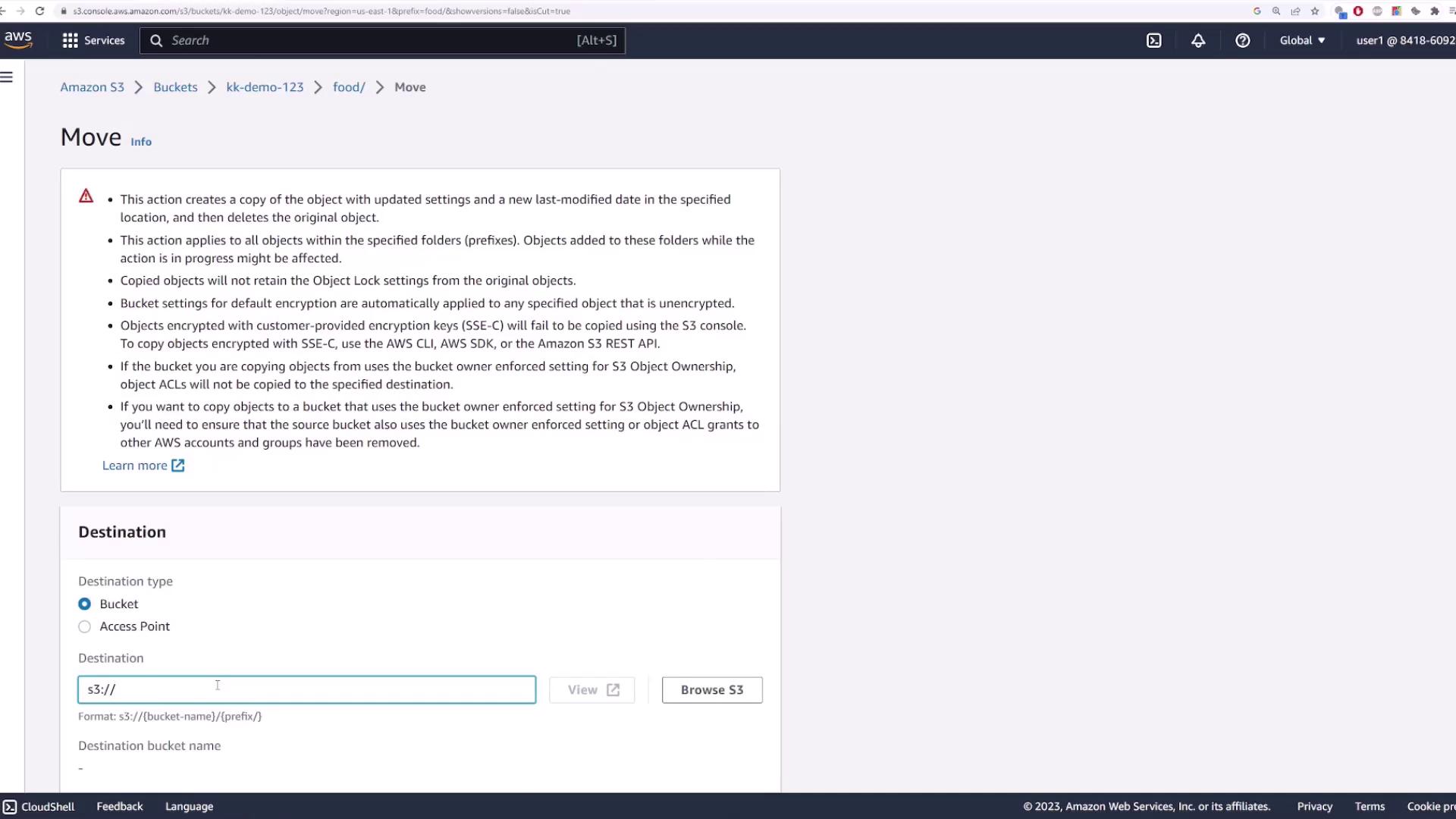 The image shows an Amazon S3 console interface for moving objects, with instructions and a destination input field for specifying the S3 bucket path.