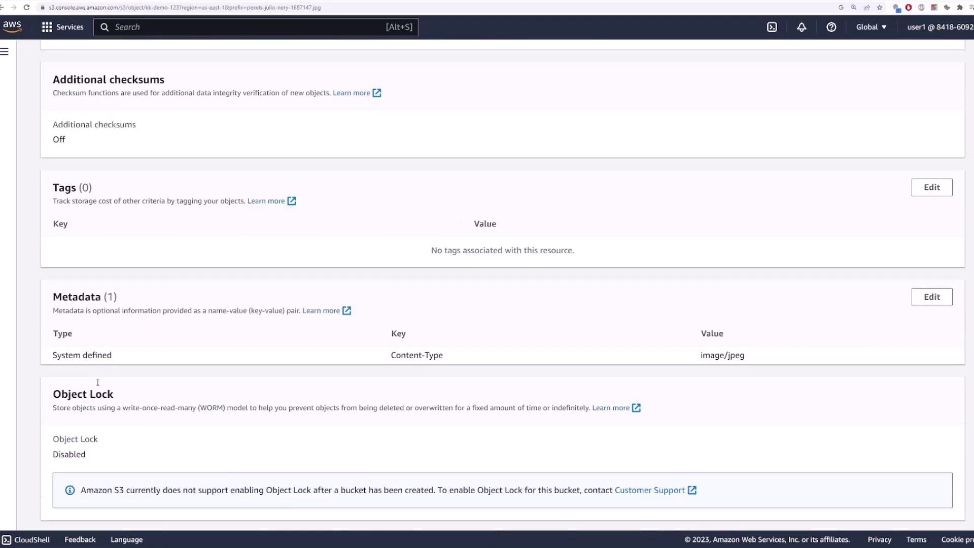 The image shows an Amazon S3 console interface displaying details about an object, including sections for additional checksums, tags, metadata, and object lock settings.
