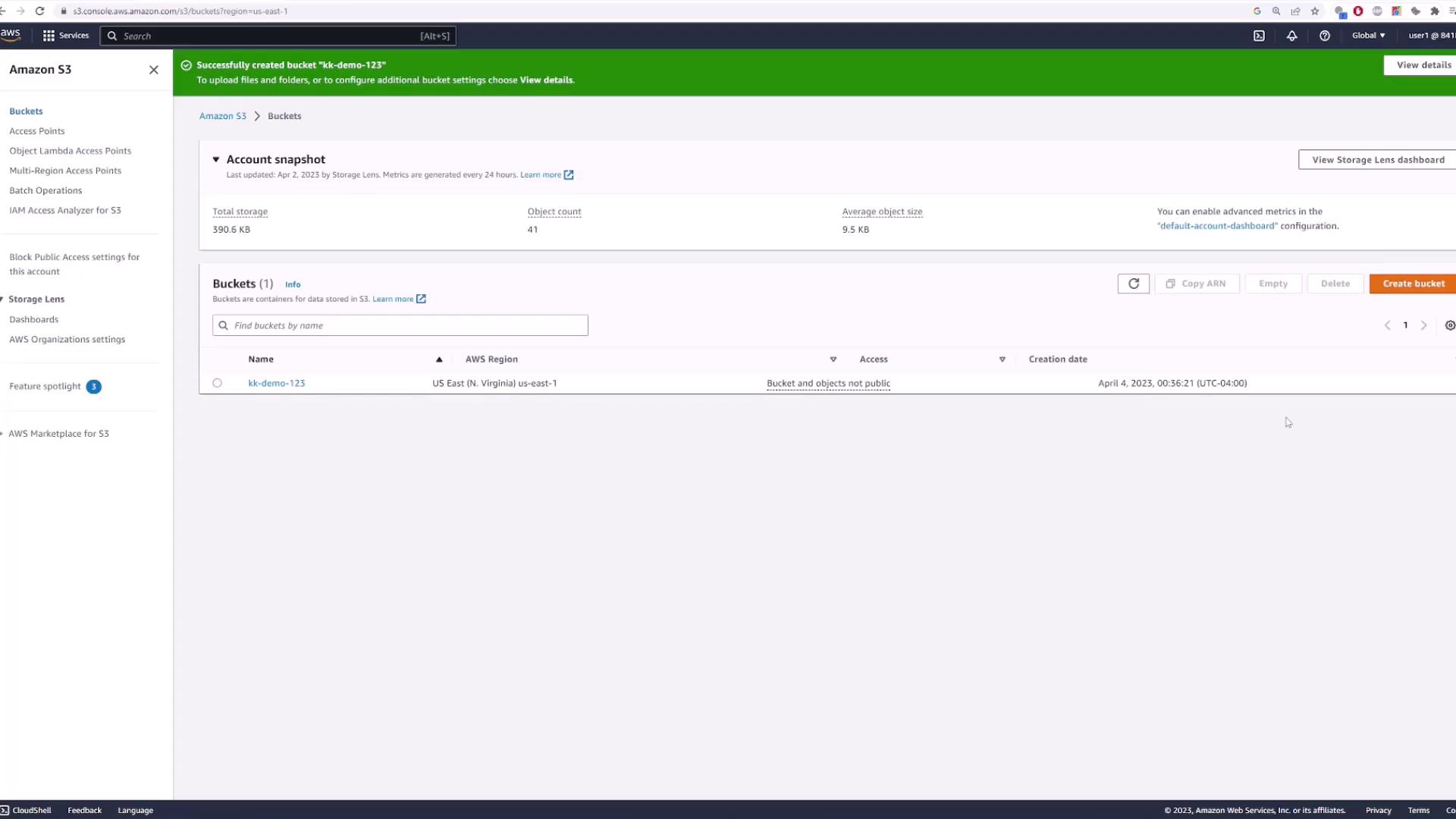 The image shows an Amazon S3 dashboard with details of a bucket named "kk-demo-123" in the US East (N. Virginia) region. The account snapshot indicates total storage of 390.6 KB with 41 objects.