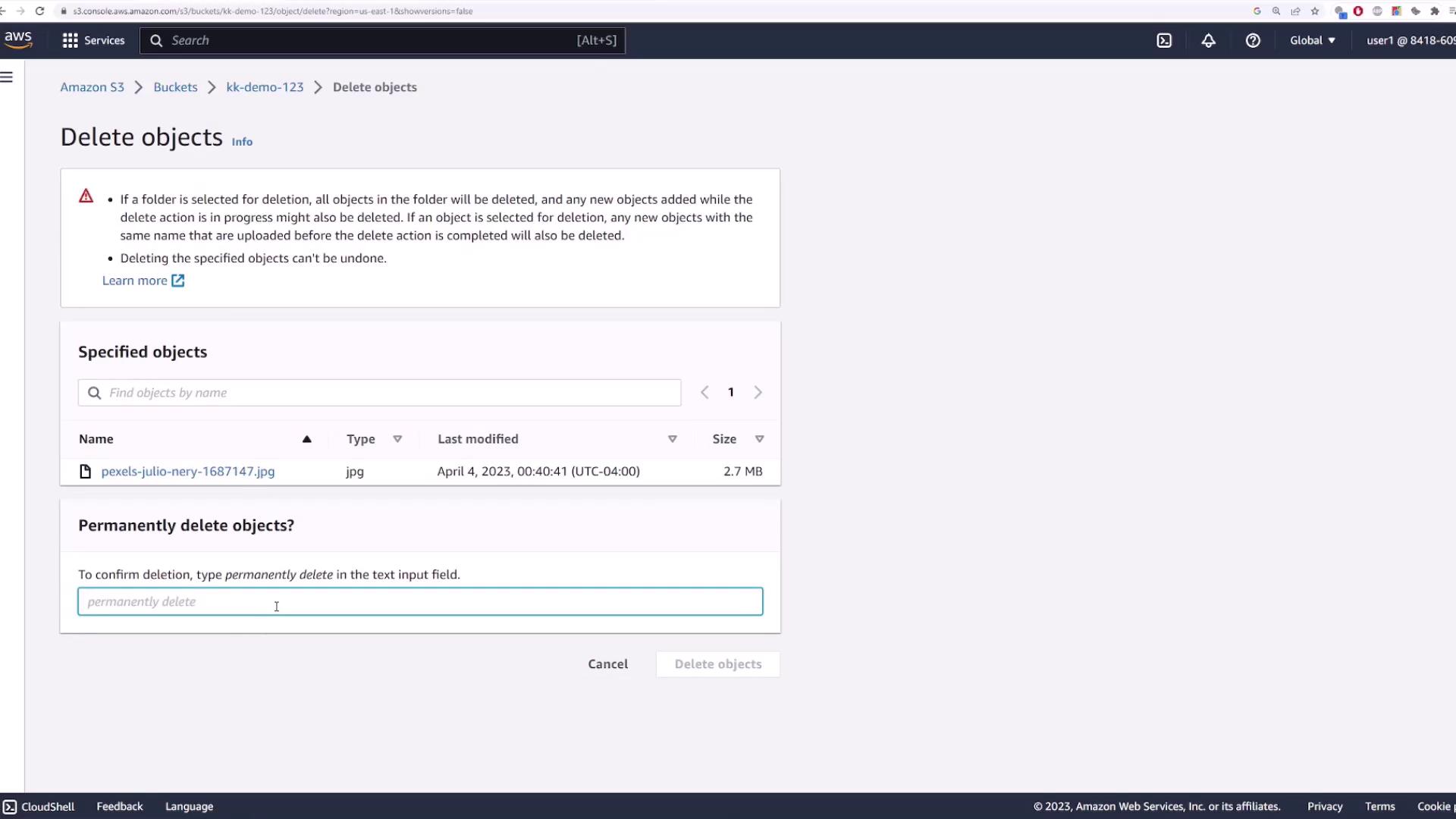 The image shows an Amazon S3 interface for deleting objects, with a file named "pexels-julio-nery-1687147.jpg" selected for deletion. The user is prompted to type "permanently delete" to confirm the action.