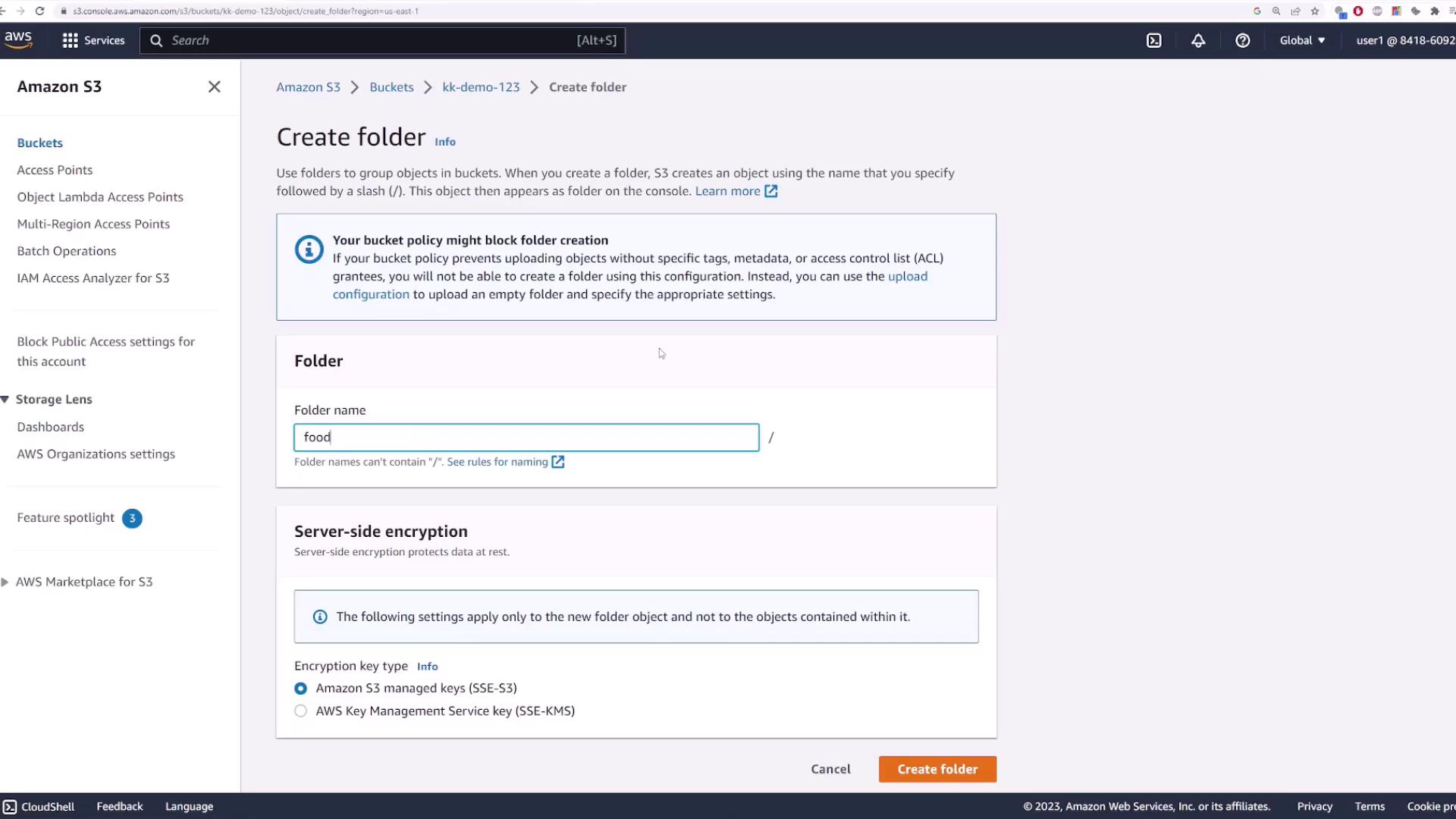 The image shows an Amazon S3 interface where a user is creating a folder named "food" with options for server-side encryption.