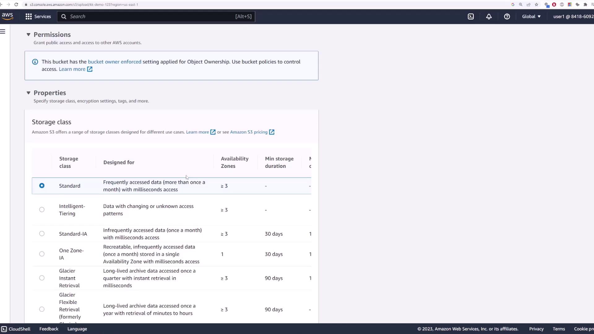 The image shows an Amazon S3 console screen displaying storage class options and their properties, such as availability zones and minimum storage duration.