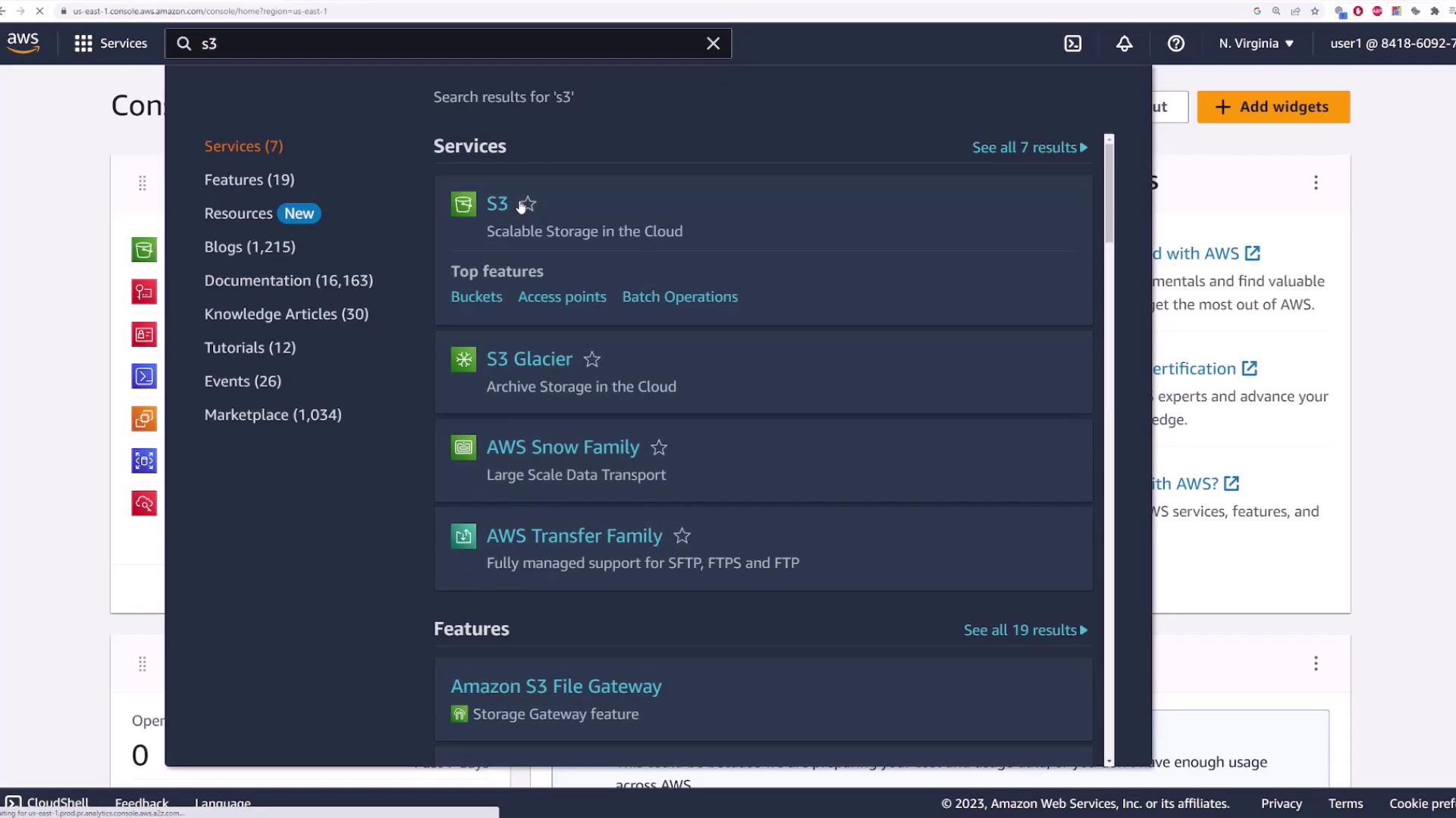 The image shows the AWS Management Console with a search for "S3," displaying various related services and features like S3, S3 Glacier, AWS Snow Family, and AWS Transfer Family.
