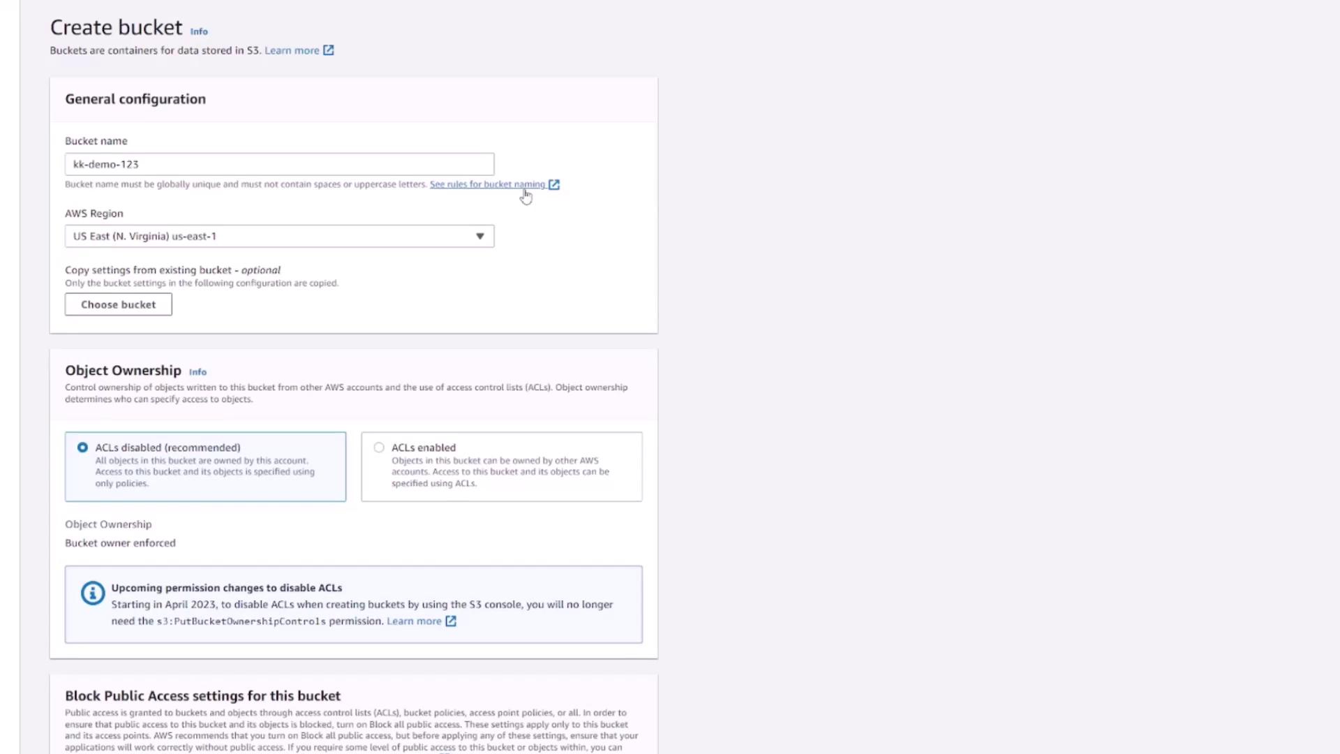 The image shows a screenshot of the AWS S3 "Create bucket" configuration page, including fields for bucket name, AWS region, and object ownership settings.