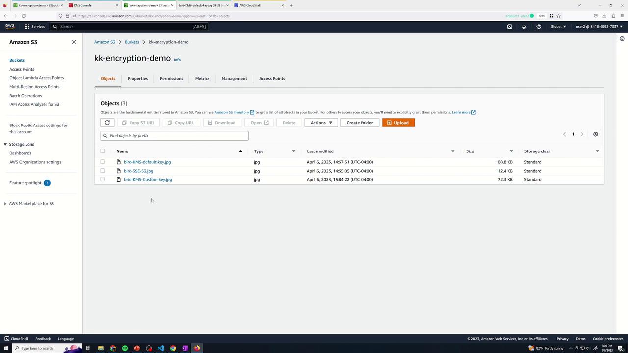 The image shows an Amazon S3 console with a bucket named "kk-encryption-demo" containing three JPG files. The files are listed with details such as name, type, last modified date, size, and storage class.