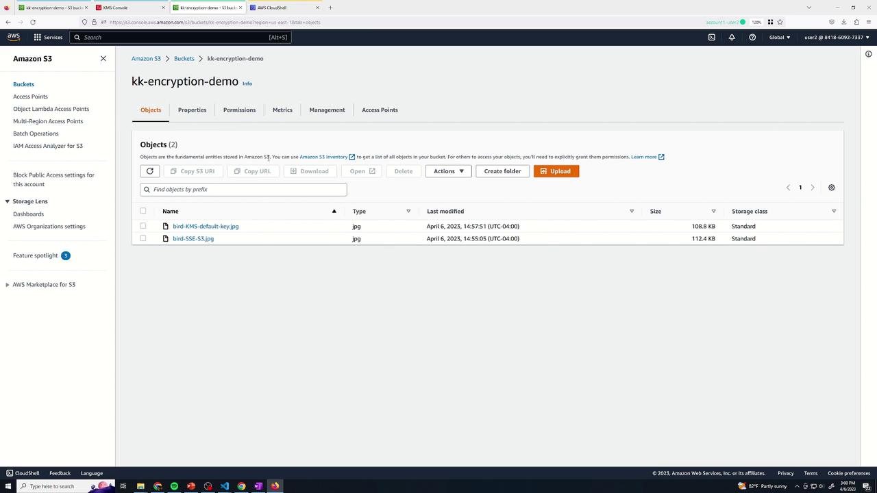 The image shows an Amazon S3 console with a bucket named "kk-encryption-demo" containing two JPEG files. The files are listed with details such as name, type, last modified date, size, and storage class.