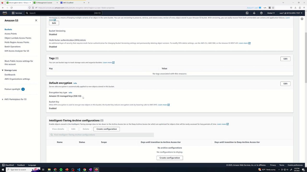 The image shows an Amazon S3 management console screen with settings for bucket versioning, multi-factor authentication, tags, default encryption, and intelligent-tiering archive configurations.