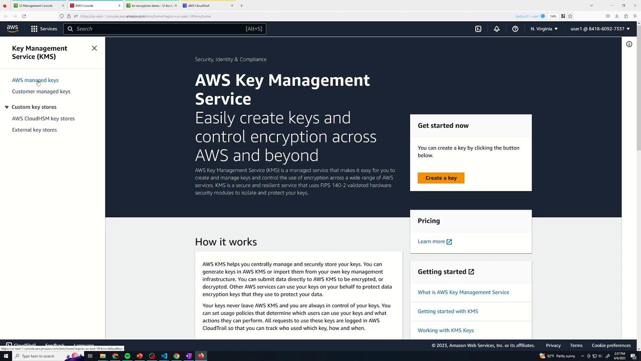 The image shows the AWS Key Management Service (KMS) webpage, detailing how to create and manage encryption keys within AWS. It includes sections on getting started, pricing, and how the service works.